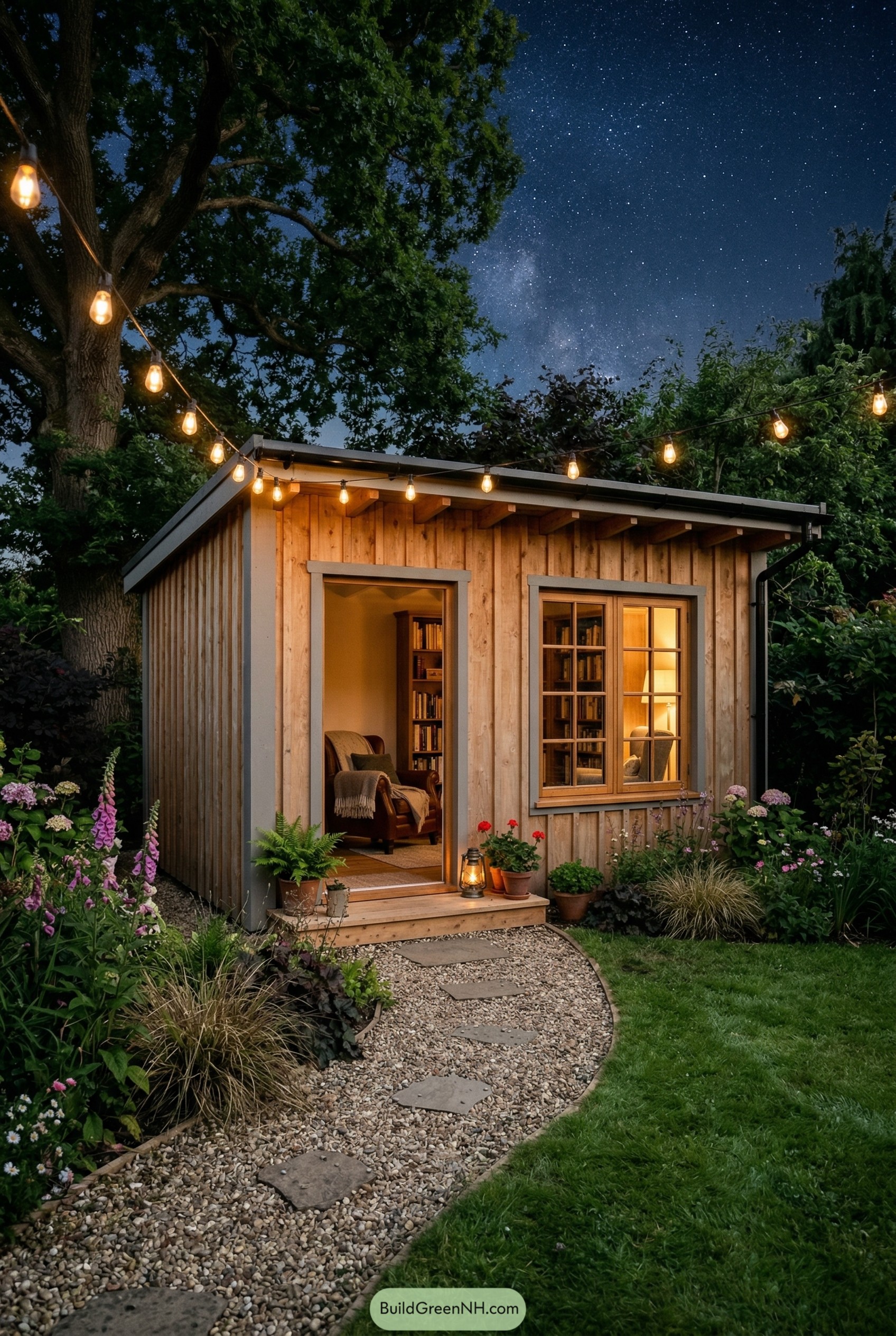 Wood clad reading shed glowing under string lights at night