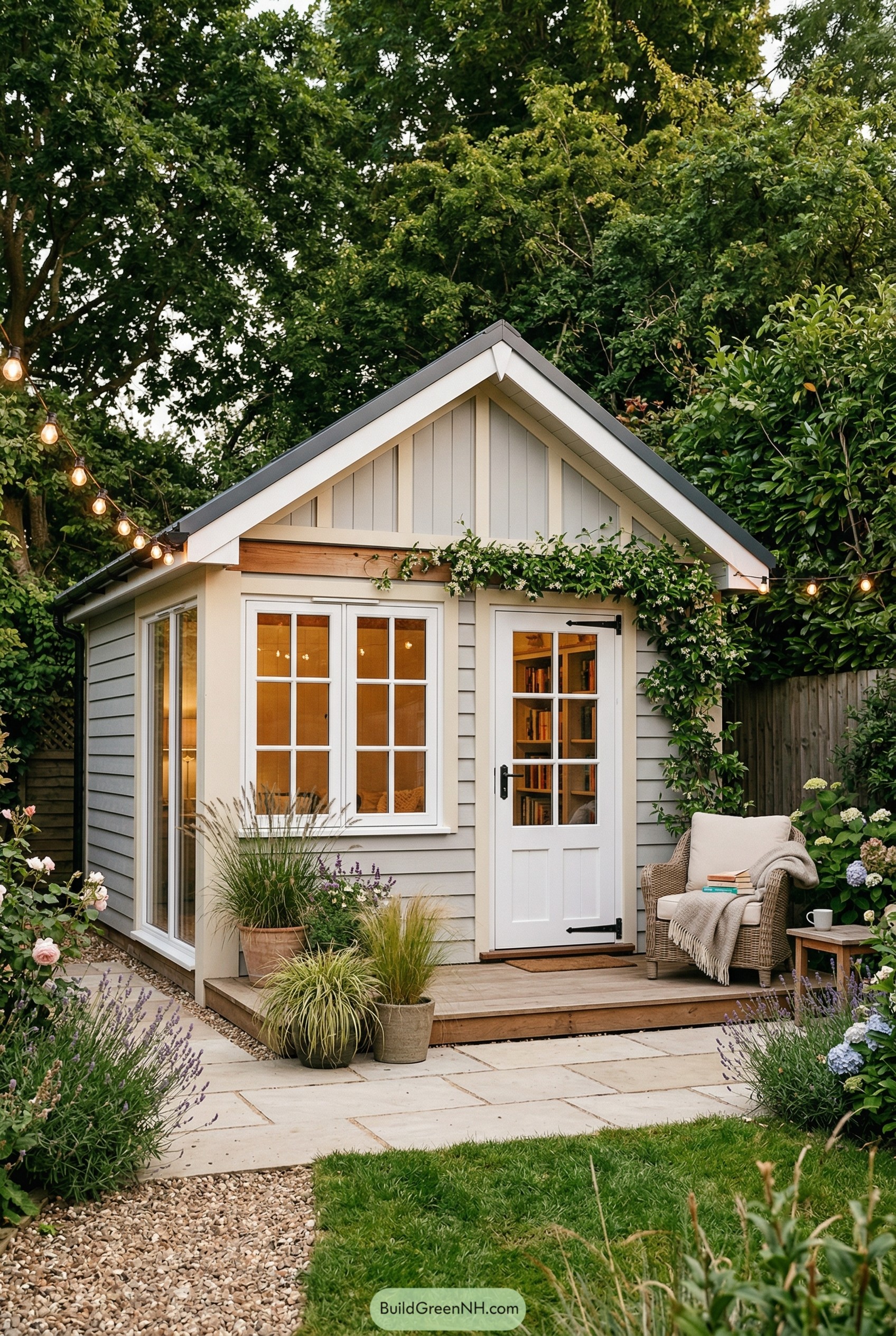 Gray reading shed with vine-framed porch