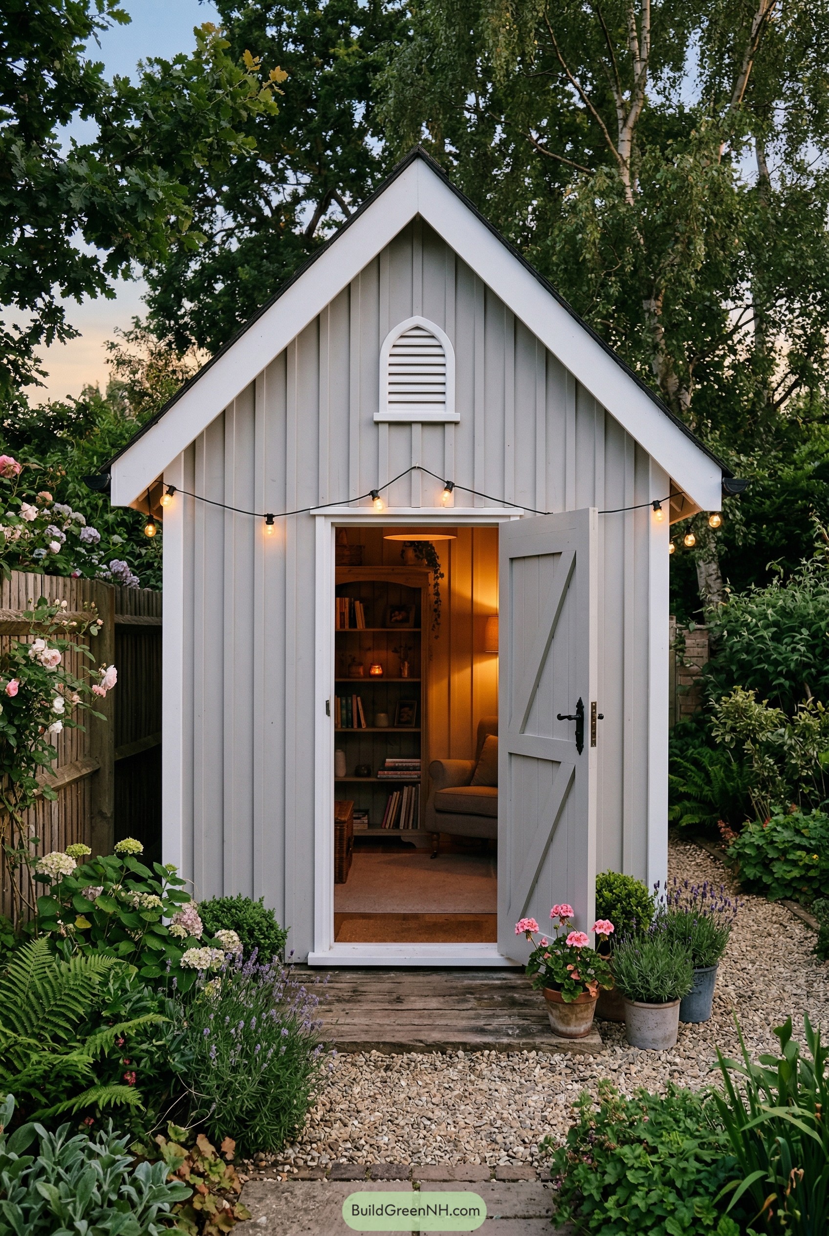 Pale gray gabled reading shed in blooming garden