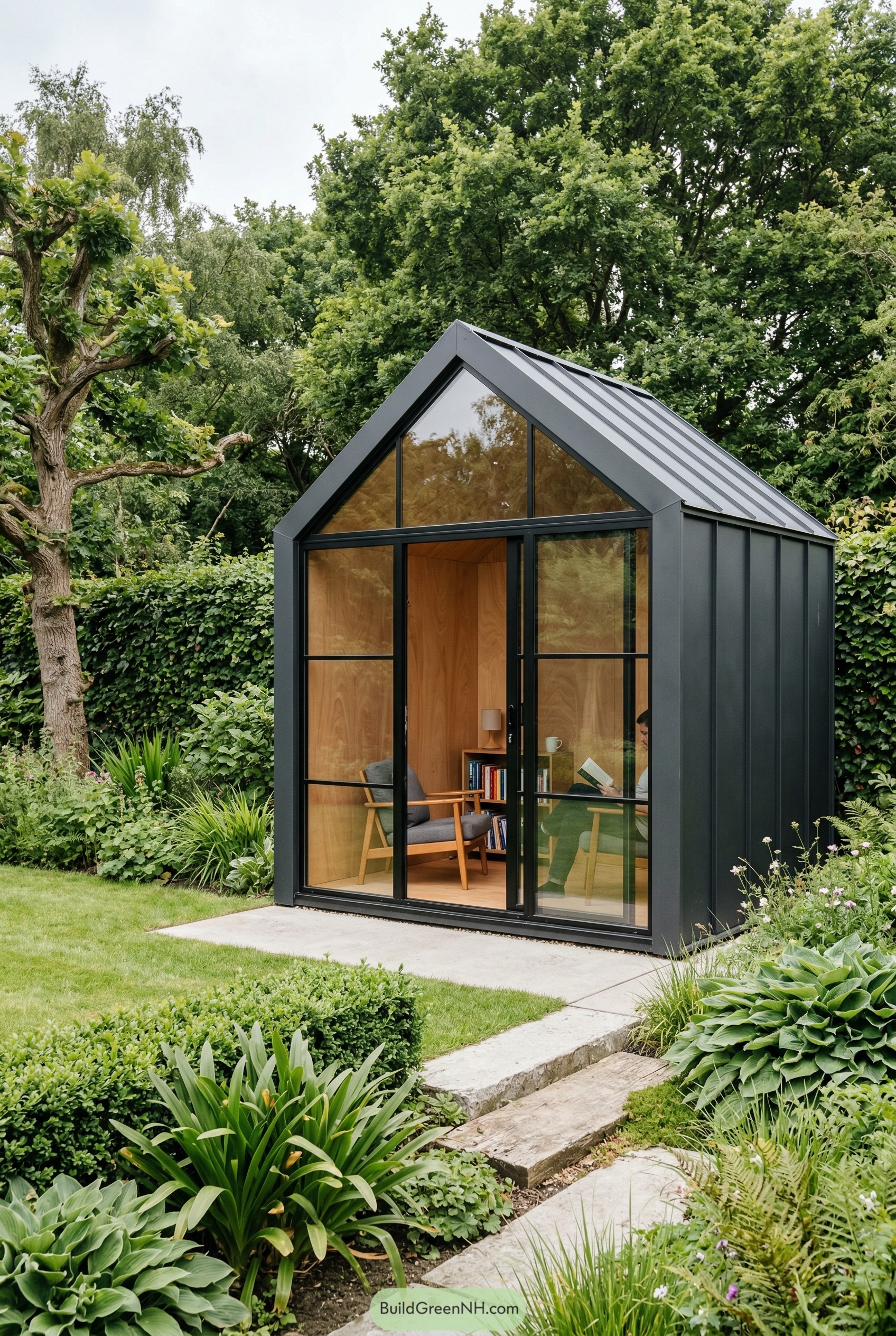 Black framed reading shed with full height glazing in a leafy garden