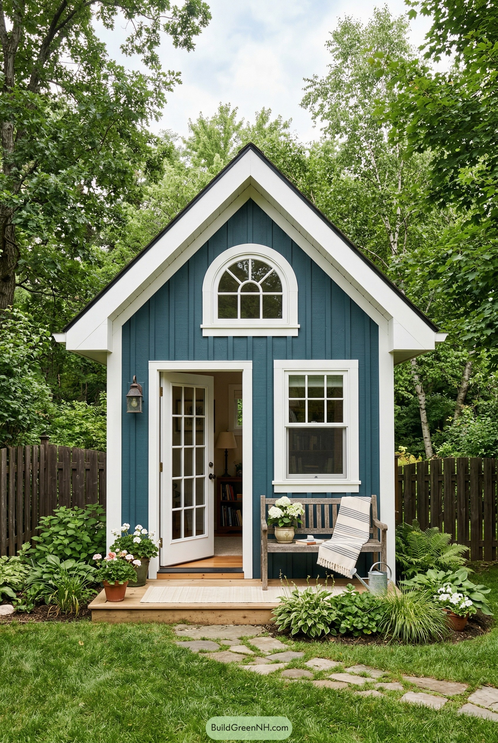Blue reading shed with arched window