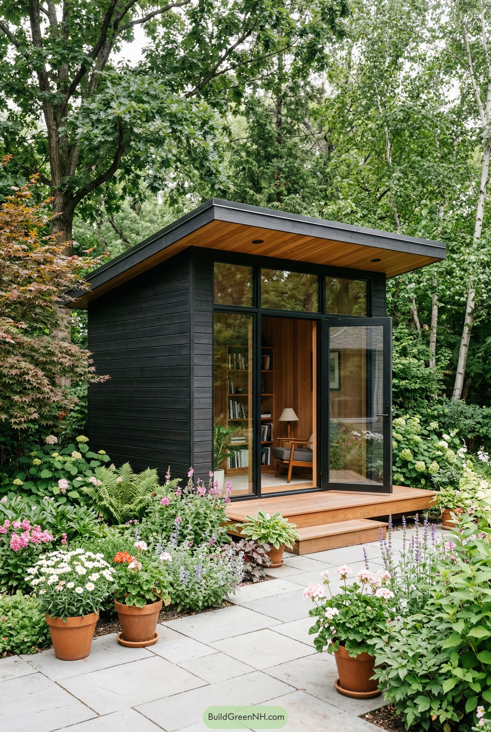 Modern black reading shed with glass front in a lush garden