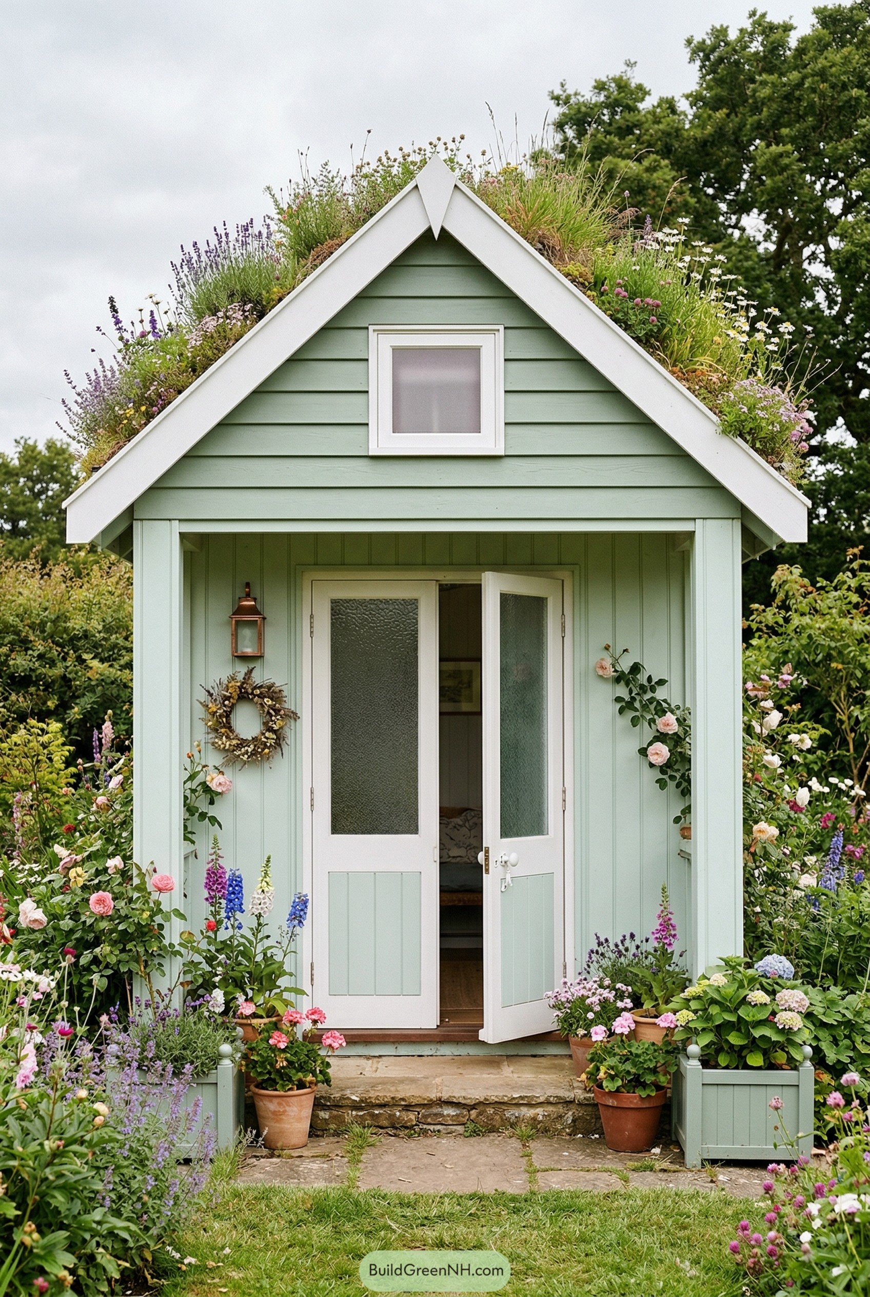 Pale green shed with a flower roof