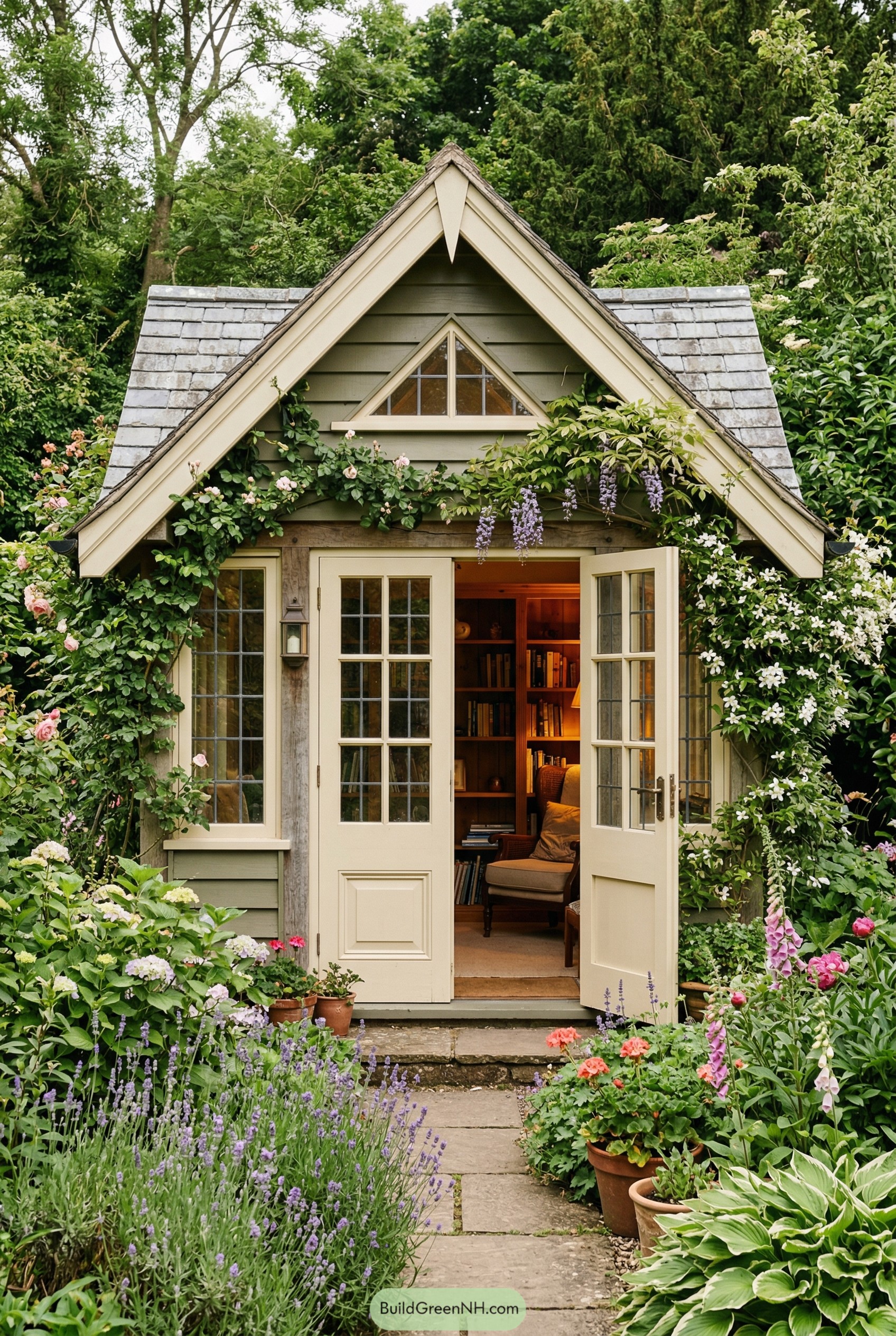 Vine covered reading shed with open French doors