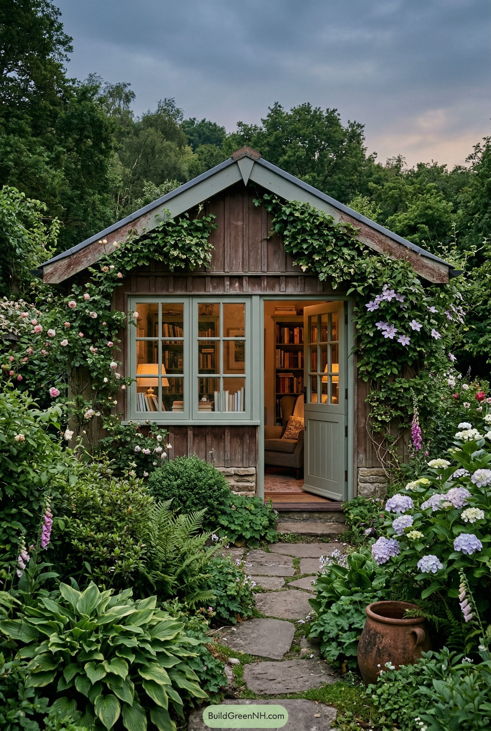 Vine-covered reading shed with sage trim