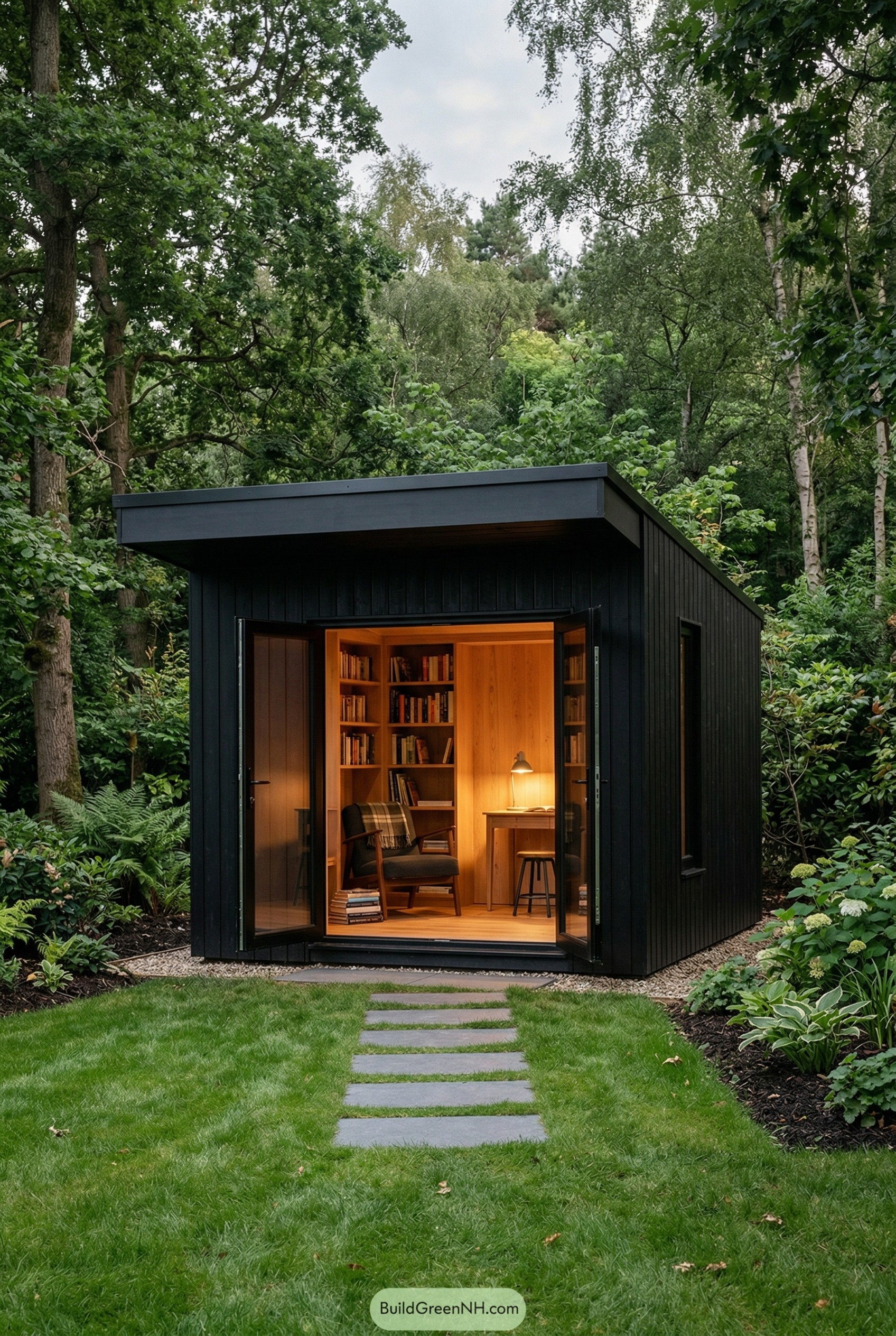Black reading shed with open glass doors