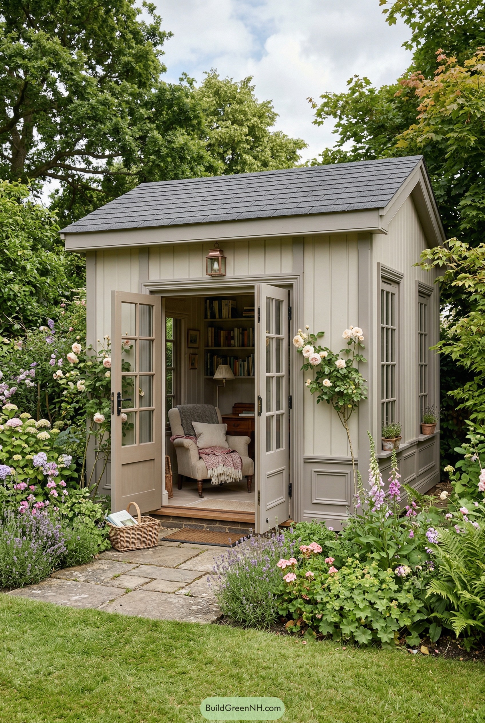 Cream reading shed with French doors in flowers