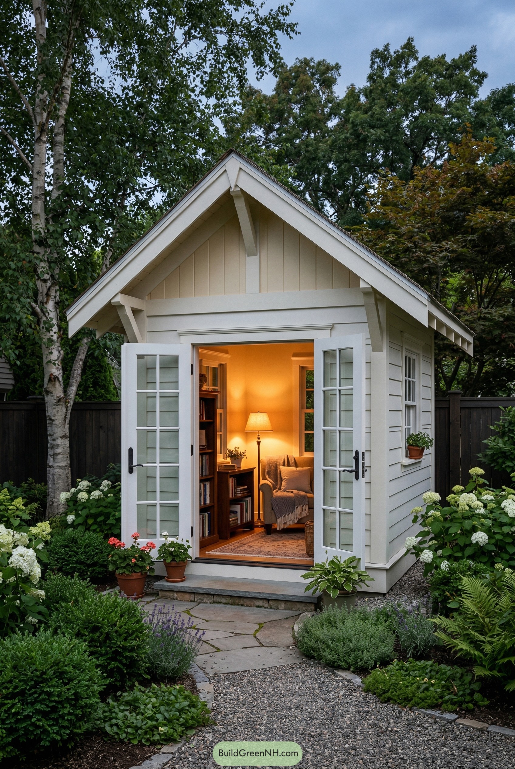 Small white reading shed with open French doors in a lush garden
