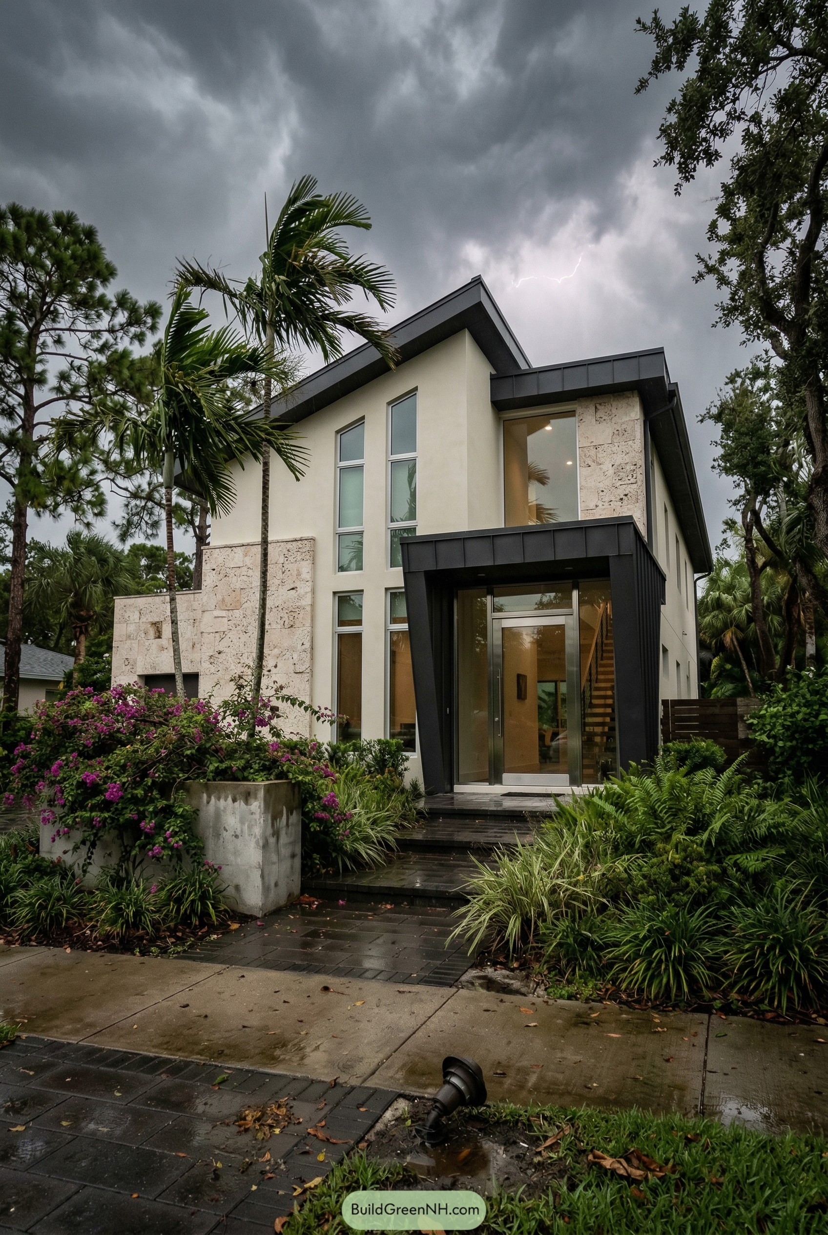 Real-life architectural photo showing the entire modern Florida house from a slightly lower sidewalk angle, captured under dramatic summer thunderclouds: a bold asymmetrical roofline with a folded metal canopy (dark graphite) hovering over a two-story facade of off-white stucco and chunky coral stone panels; tall vertical windows staggered in placement, a glazed stair tower with faint interior visibility, and a hurricane-rated glass pivot door framed in brushed stainless; landscape includes wind-tossed royal palms, wet pavers with muddy splashes, a toppled garden light, and bougainvillea spilling unevenly over a concrete planter; distant lightning glow in the clouds but no unrealistic brightness; the house fully contained in frame with neighboring vegetation and stormy sky context. No people, no animals, no text, strictly no collages. Make this look like a real, un-staged architectural photograph (not a render). Use coherent real-world lighting for a specific time/weather (consistent shadow direction and softness across the whole scene). Ensure physically correct grounding with strong contact shadows/ambient occlusion - nothing floating. Add natural realistic environmental randomness (irregular vegetation density, mixed species, messy edges, footprints/mud/snow variation, small clutter). Glass must behave realistically (balanced reflections + interior visibility, mild glare hotspots, slight condensation if cold). Avoid perfect symmetry and "hero shot" staging; use slightly off-center human framing. Add subtle camera characteristics: realistic dynamic range (no HDR look), mild depth of field, slight vignetting, gentle film grain, natural color.