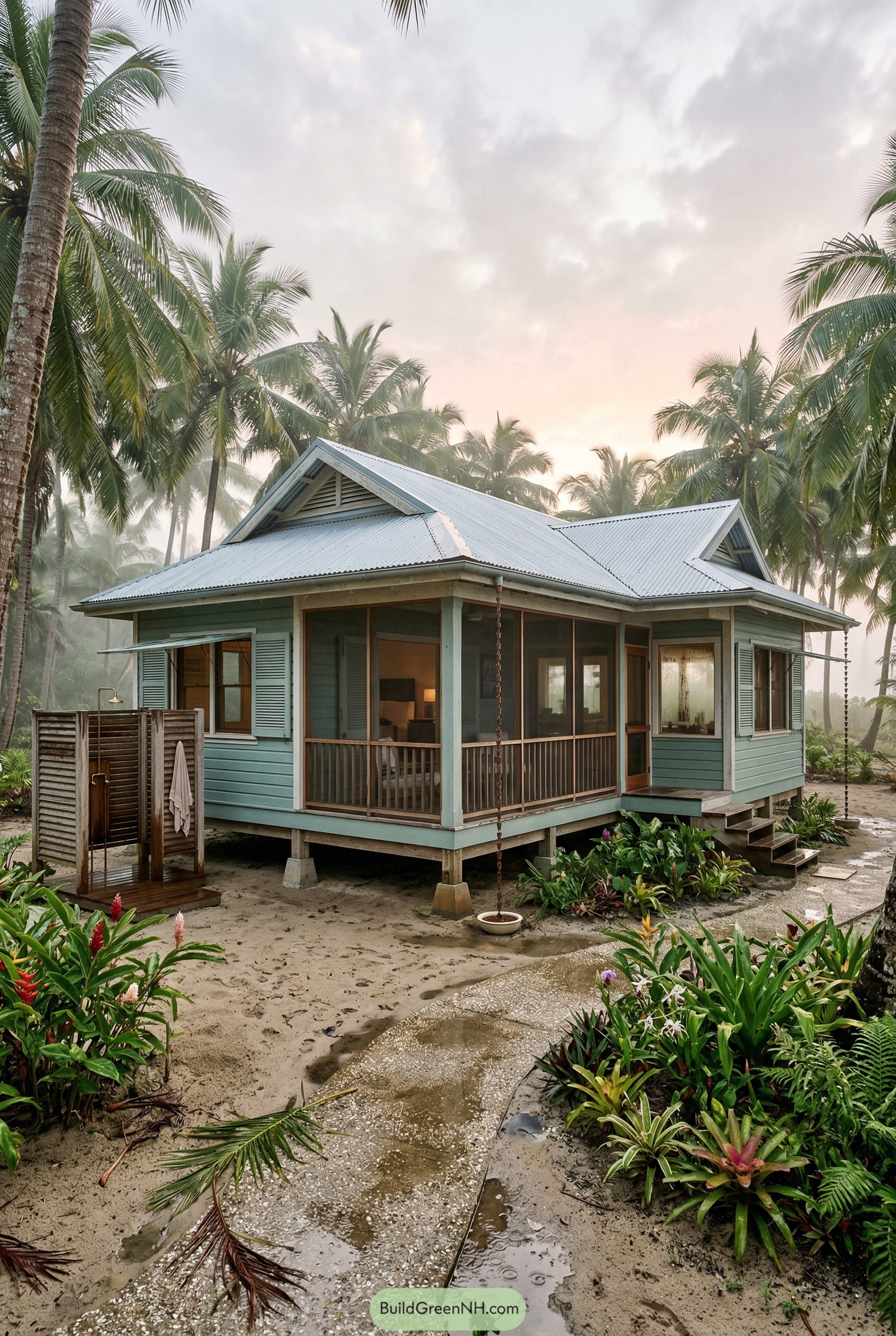 Real-life architectural photograph showing the entire tropical island house in frame, set in a coconut grove on sandy soil after a brief rain shower at sunrise; the house is a modern Creole-inspired timber structure on short piers, painted a muted seafoam with sun-faded white trim, featuring operable shutters, a wraparound screened veranda, and a corrugated metal roof with generous overhangs and rain chains spilling into ceramic catch basins; foreground includes a meandering shell path with puddles, scattered fronds, a small outdoor shower nook in slatted wood, and messy garden beds of heliconia, ginger, and orchids, with low mist between palms and wet leaves sparkling under soft pink light. No people, no animals, no text, strictly no collages. Make this look like a real, un-staged architectural photograph (not a render). Use coherent real-world lighting for a specific time/weather (consistent shadow direction and softness across the whole scene). Ensure physically correct grounding with strong contact shadows/ambient occlusion - nothing floating. Add natural realistic environmental randomness (irregular vegetation density, mixed species, messy edges, footprints/mud/snow variation, small clutter). Glass must behave realistically (balanced reflections + interior visibility, mild glare hotspots, slight condensation if cold). Avoid perfect symmetry and "hero shot" staging; use slightly off-center human framing. Add subtle camera characteristics: realistic dynamic range (no HDR look), mild depth of field, slight vignetting, gentle film grain, natural color.