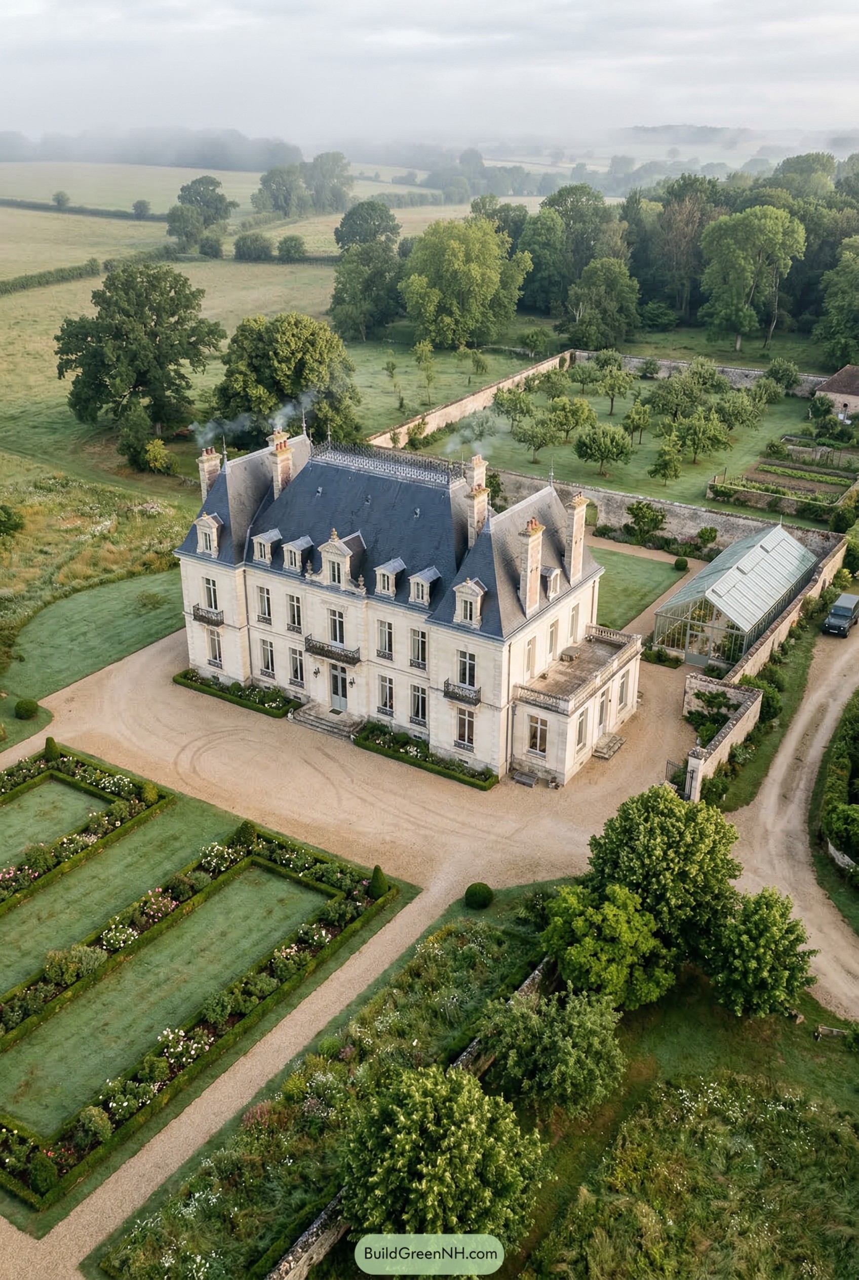 Aerial view of a limestone chateau with formal gardens