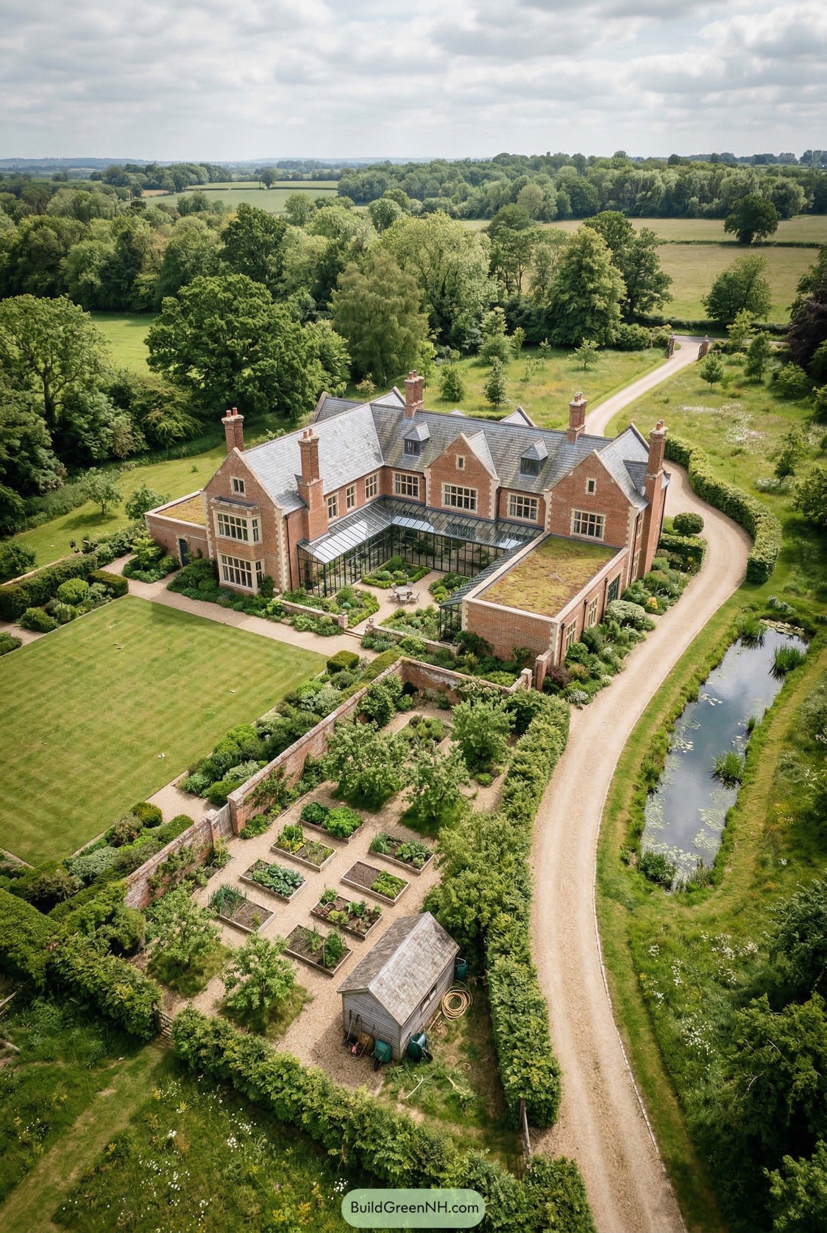 Aerial view of brick country manor with glass courtyard and walled garden