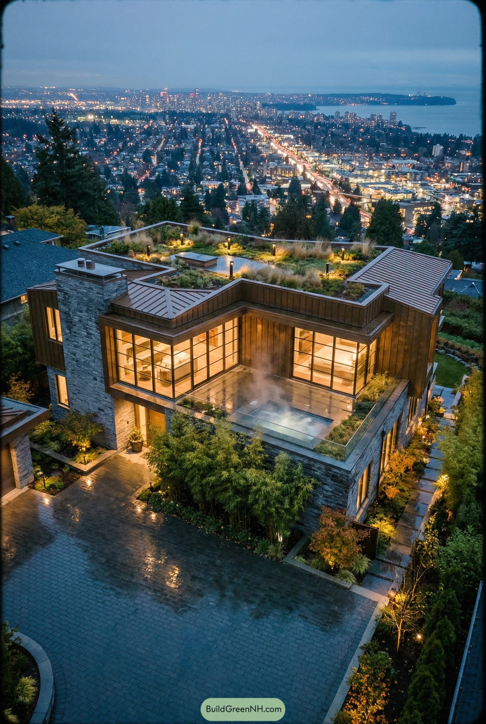 Modern hillside mansion with a green roof and city view at dusk
