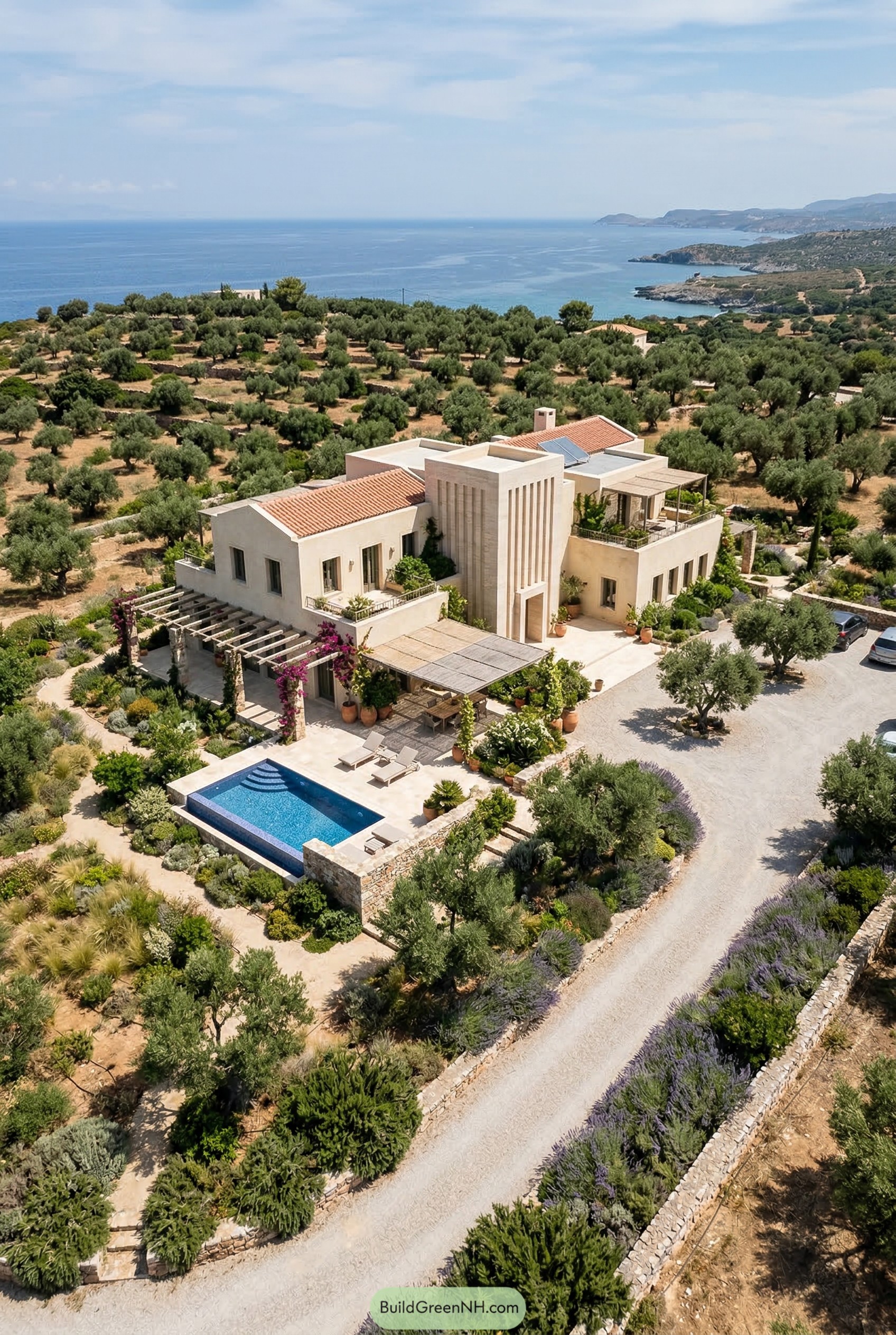 Aerial view of a coastal villa with pool and olive groves