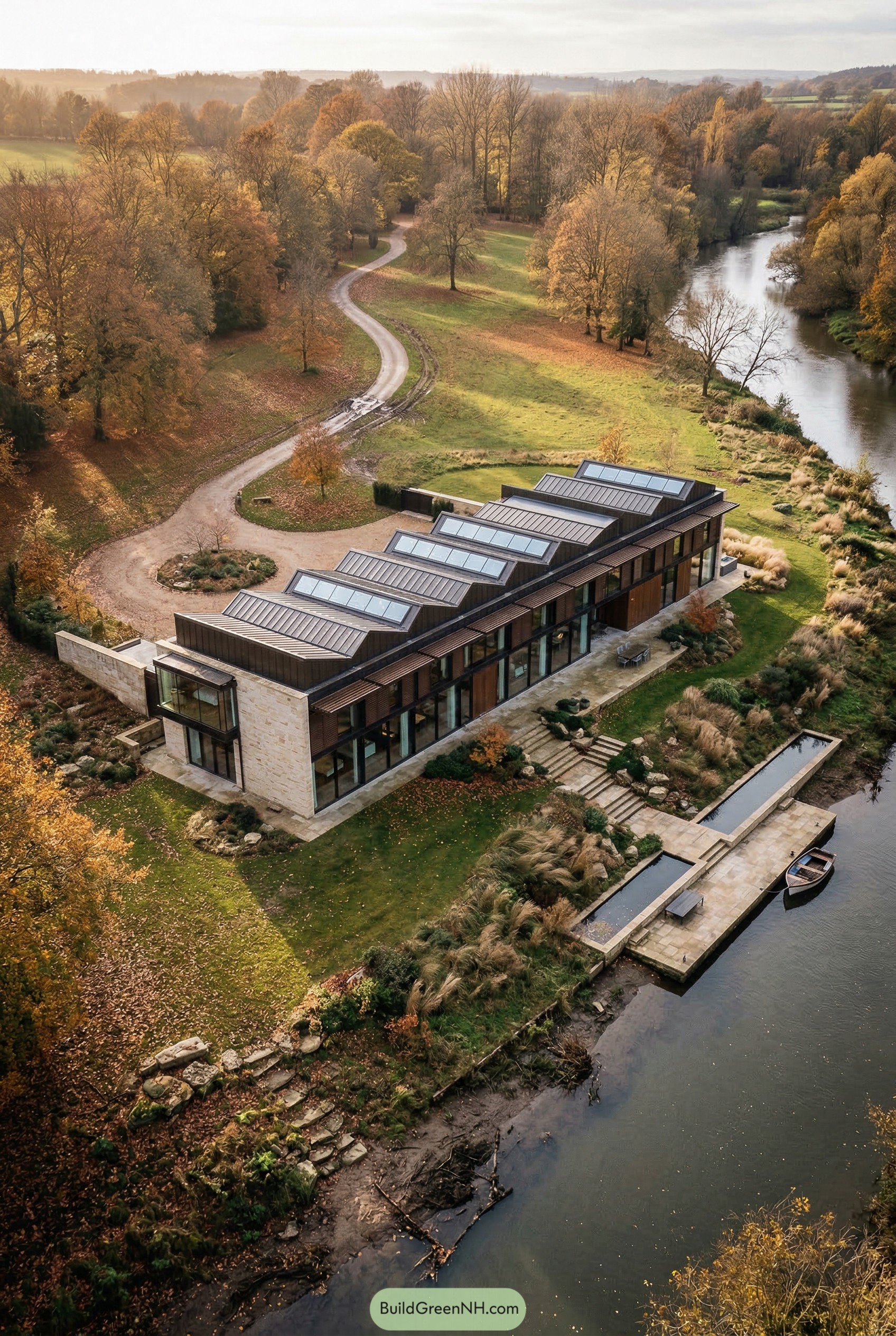 Long modern riverside mansion with stepped roof and dock