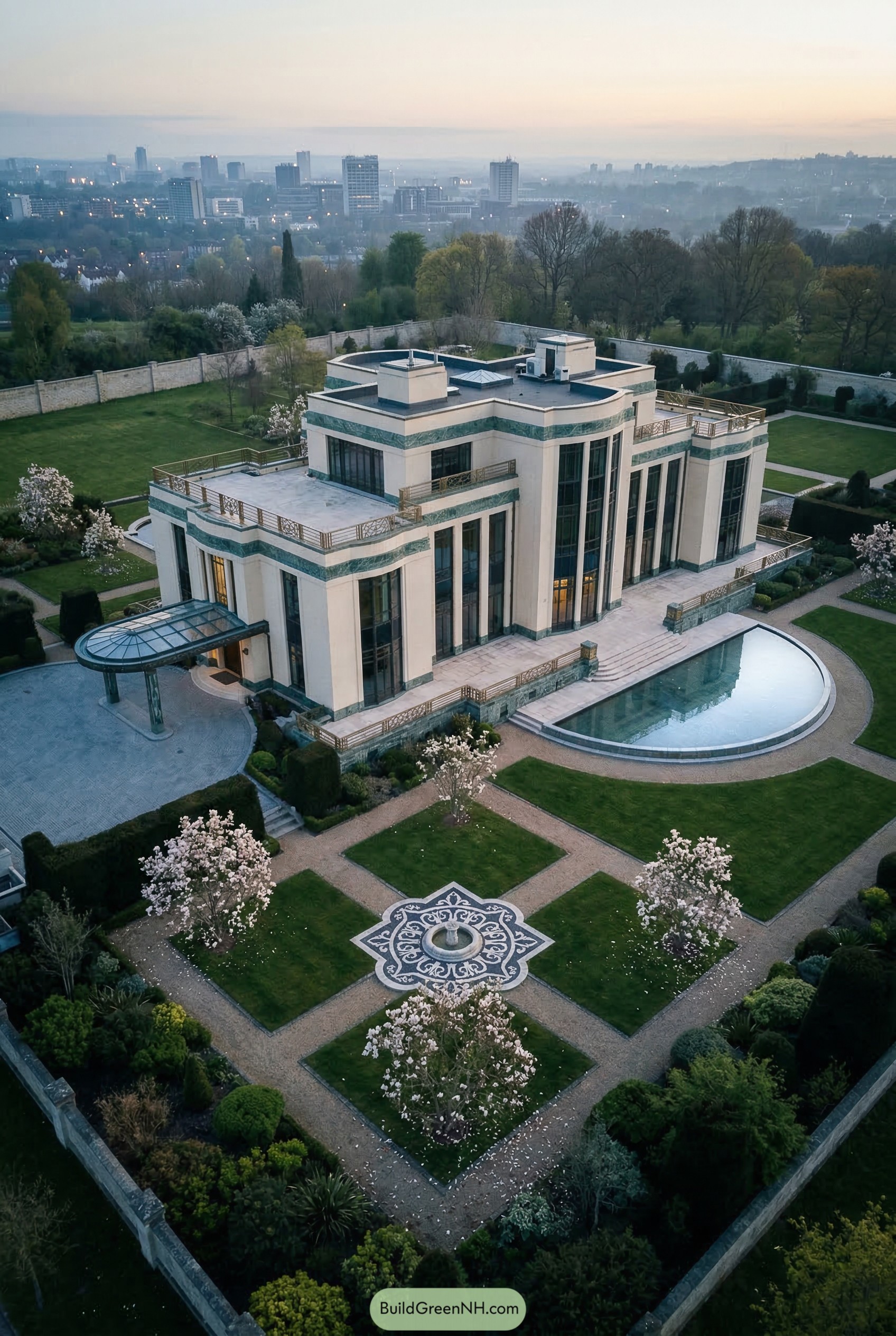 Art Deco mansion with formal garden and reflecting pool
