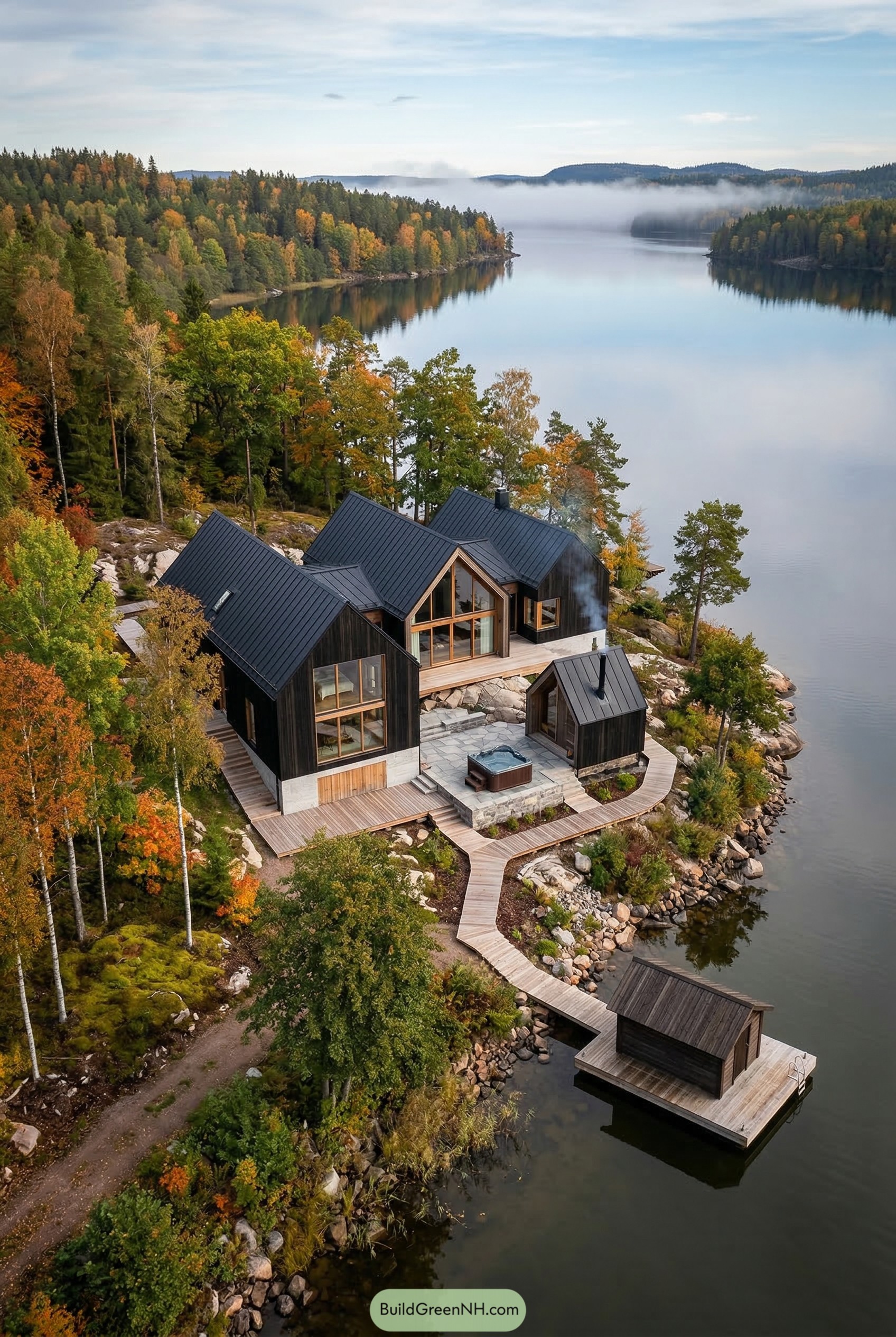 Black timber lakeside house with dock