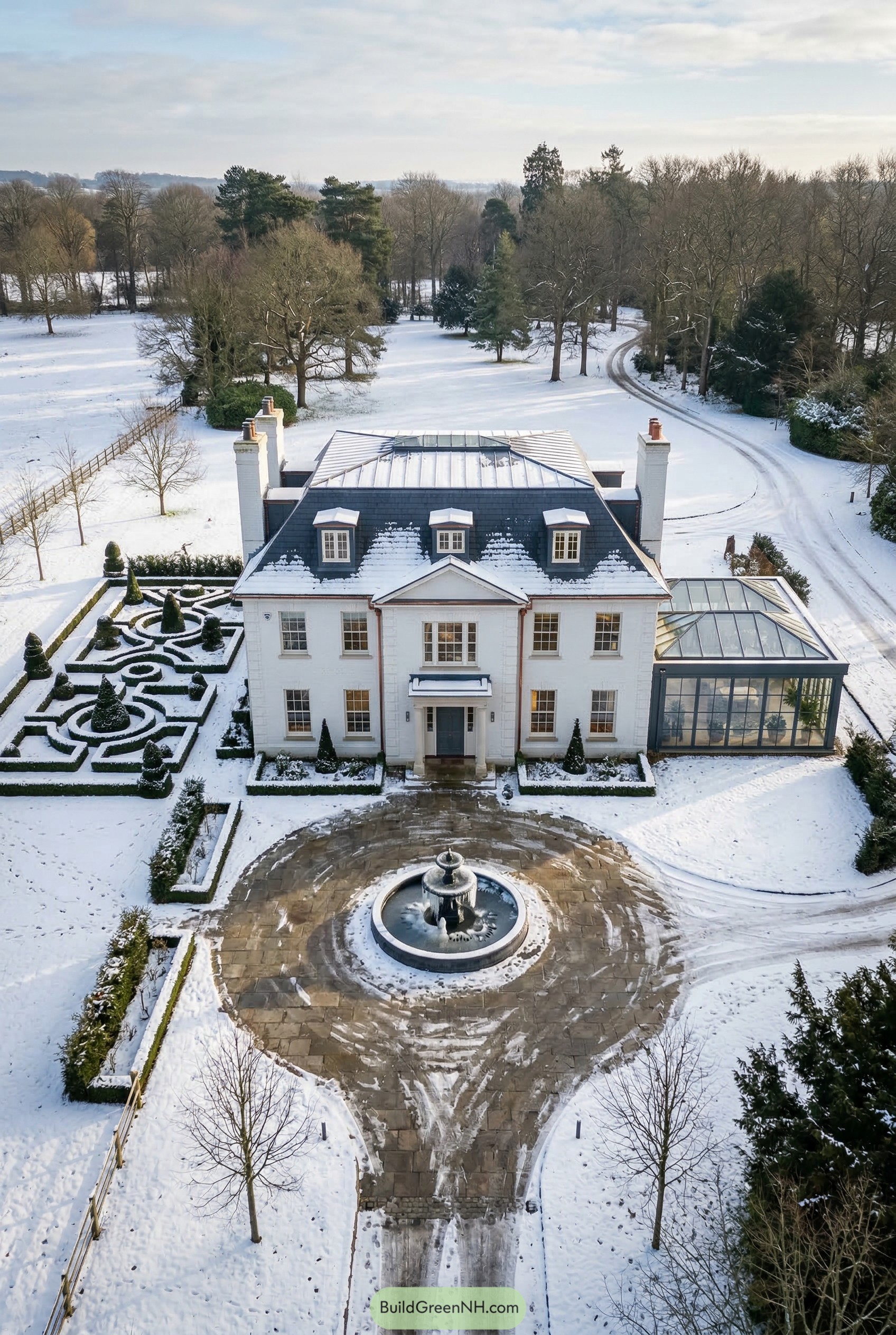 Snowy white manor with parterre garden and fountain