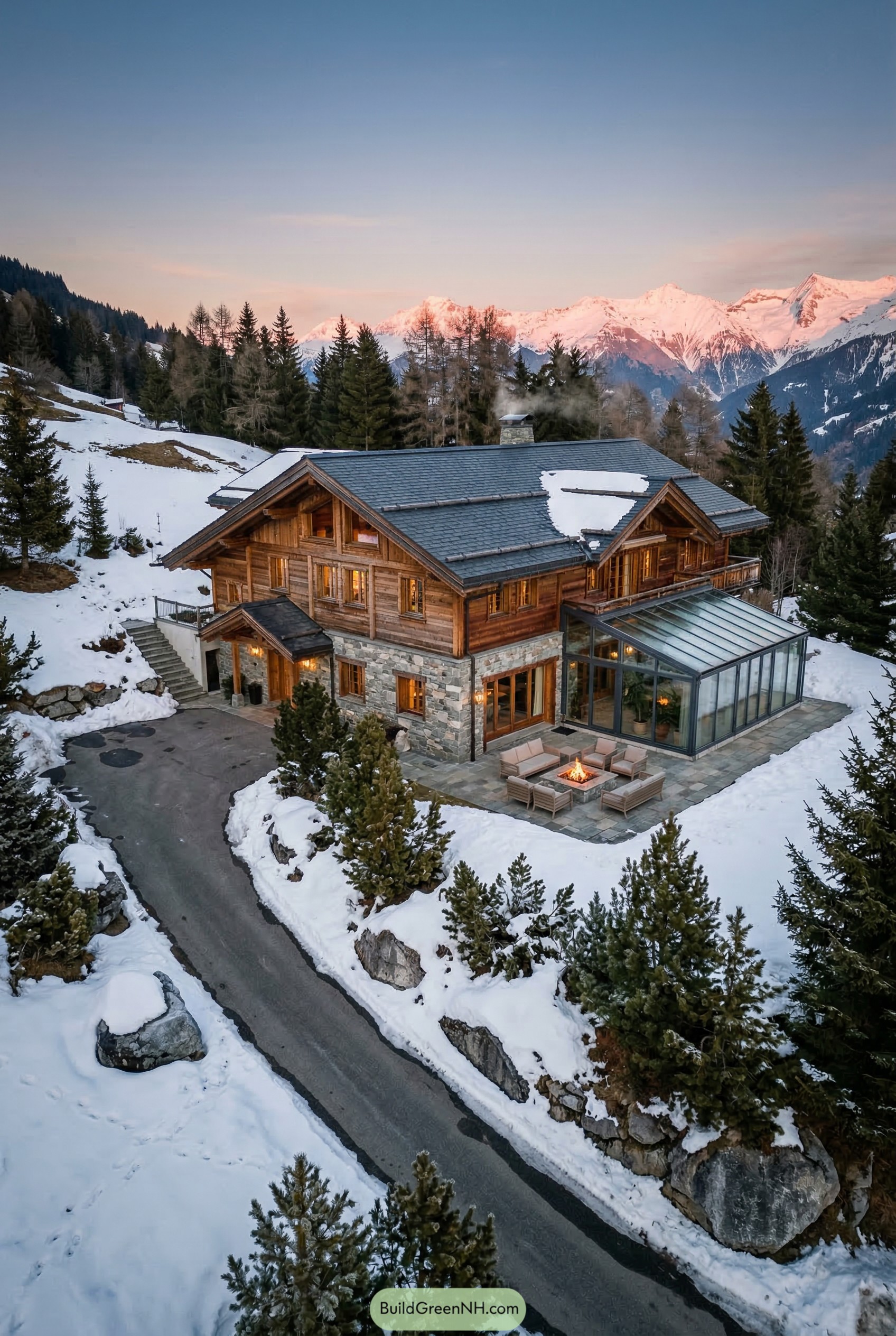 Timber alpine chalet with glass conservatory