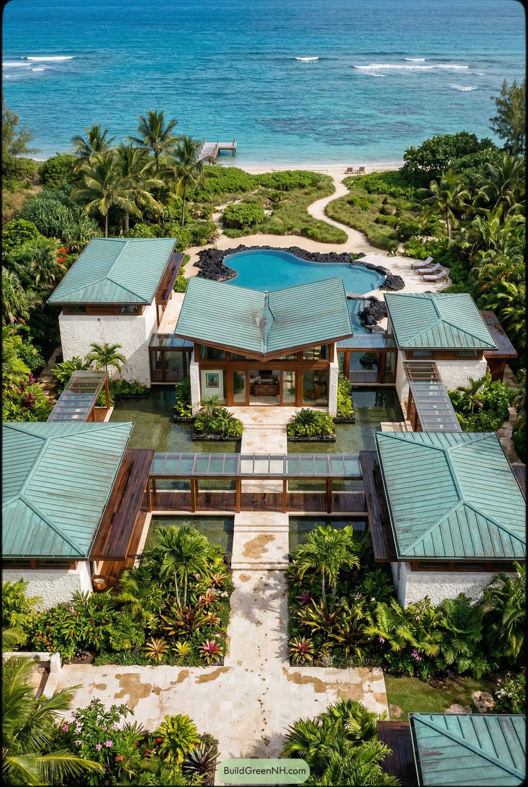 Aerial view of a tropical beachfront pavilion compound with pool and beach path