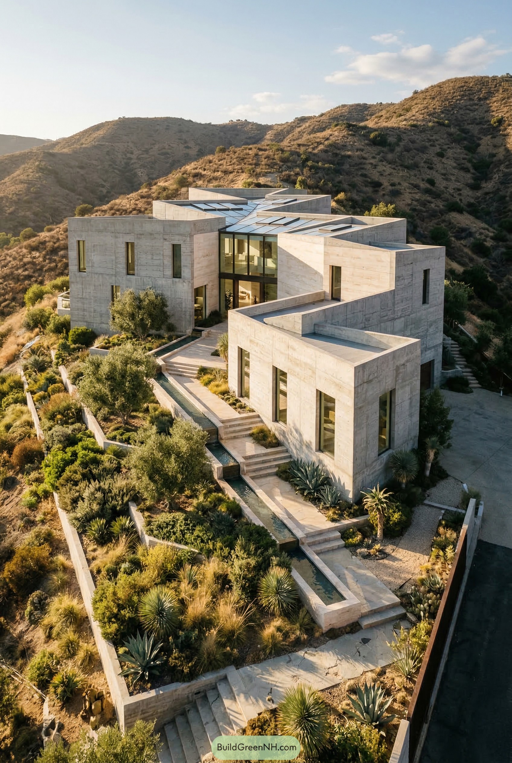 Angular concrete hillside mansion with terraced gardens