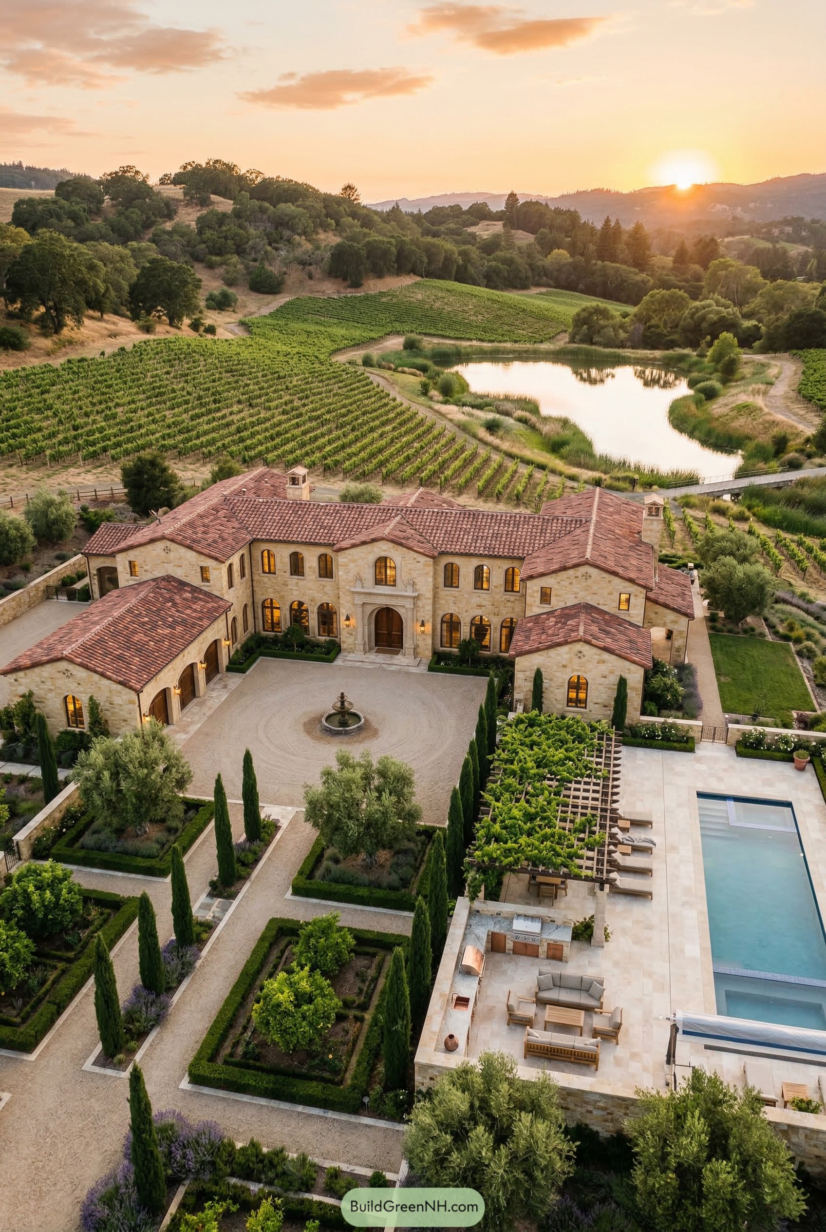 Stone vineyard estate with courtyard pool and formal gardens