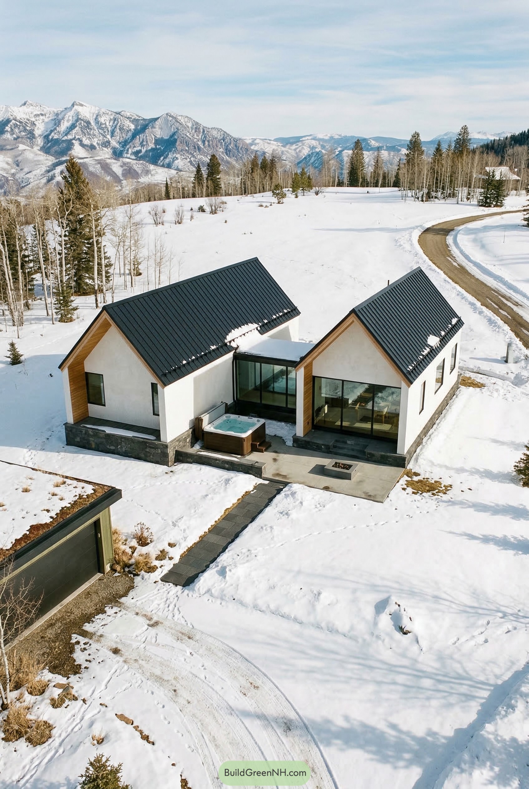 Twin gabled white house in snowy mountains