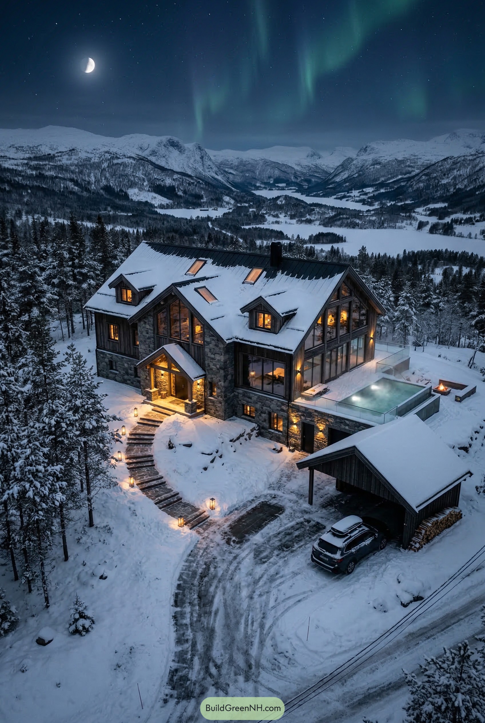 Snowy stone chalet with pool under aurora