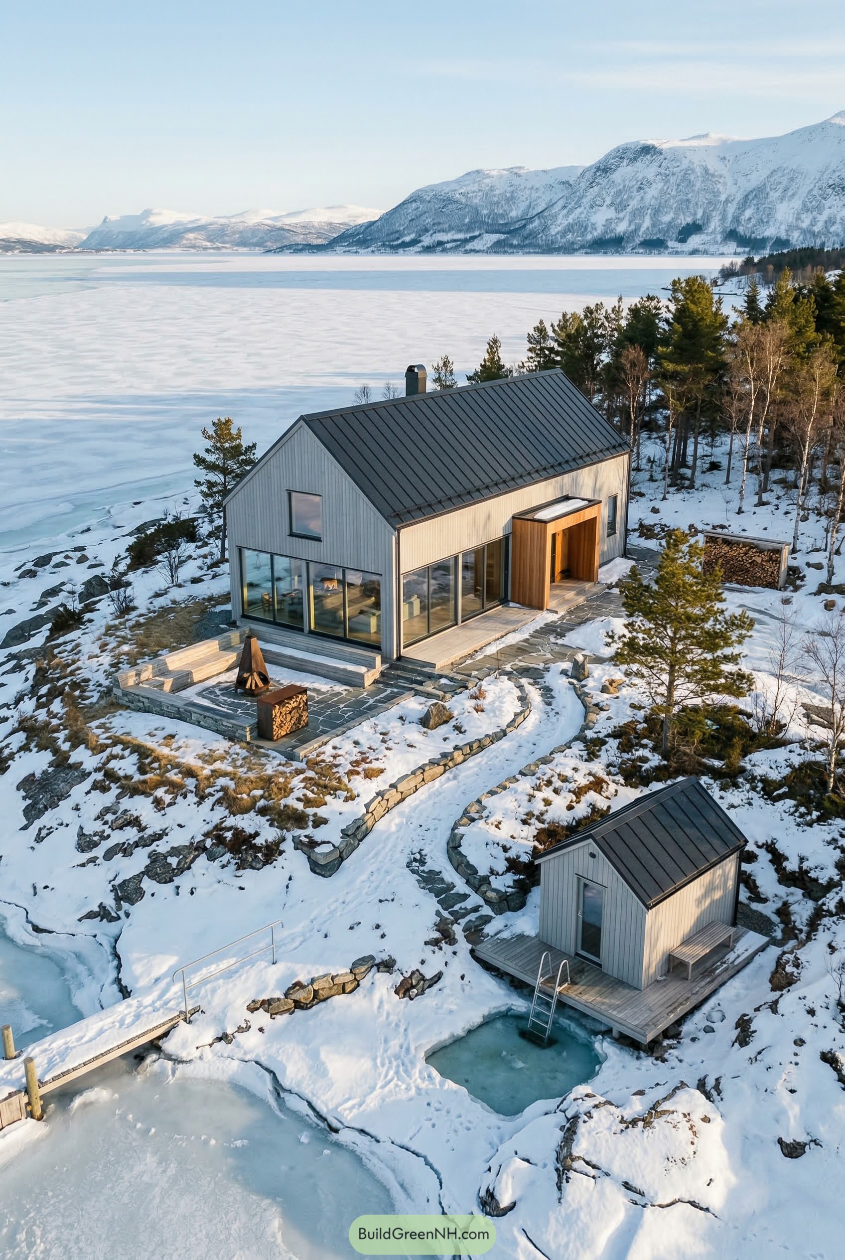 Twin gabled cabin and sauna on frozen shore