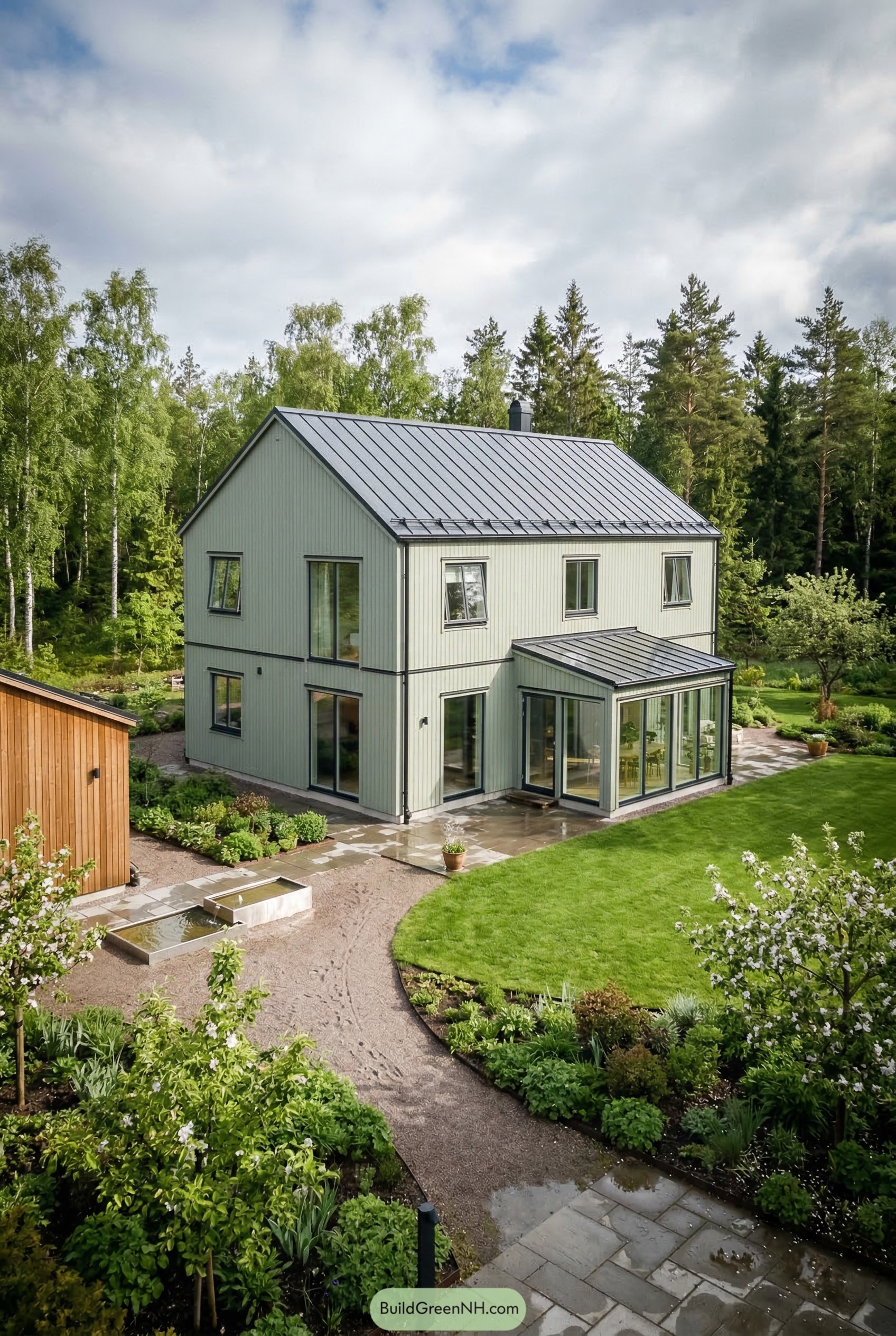 Pale green gabled house with glass sunroom