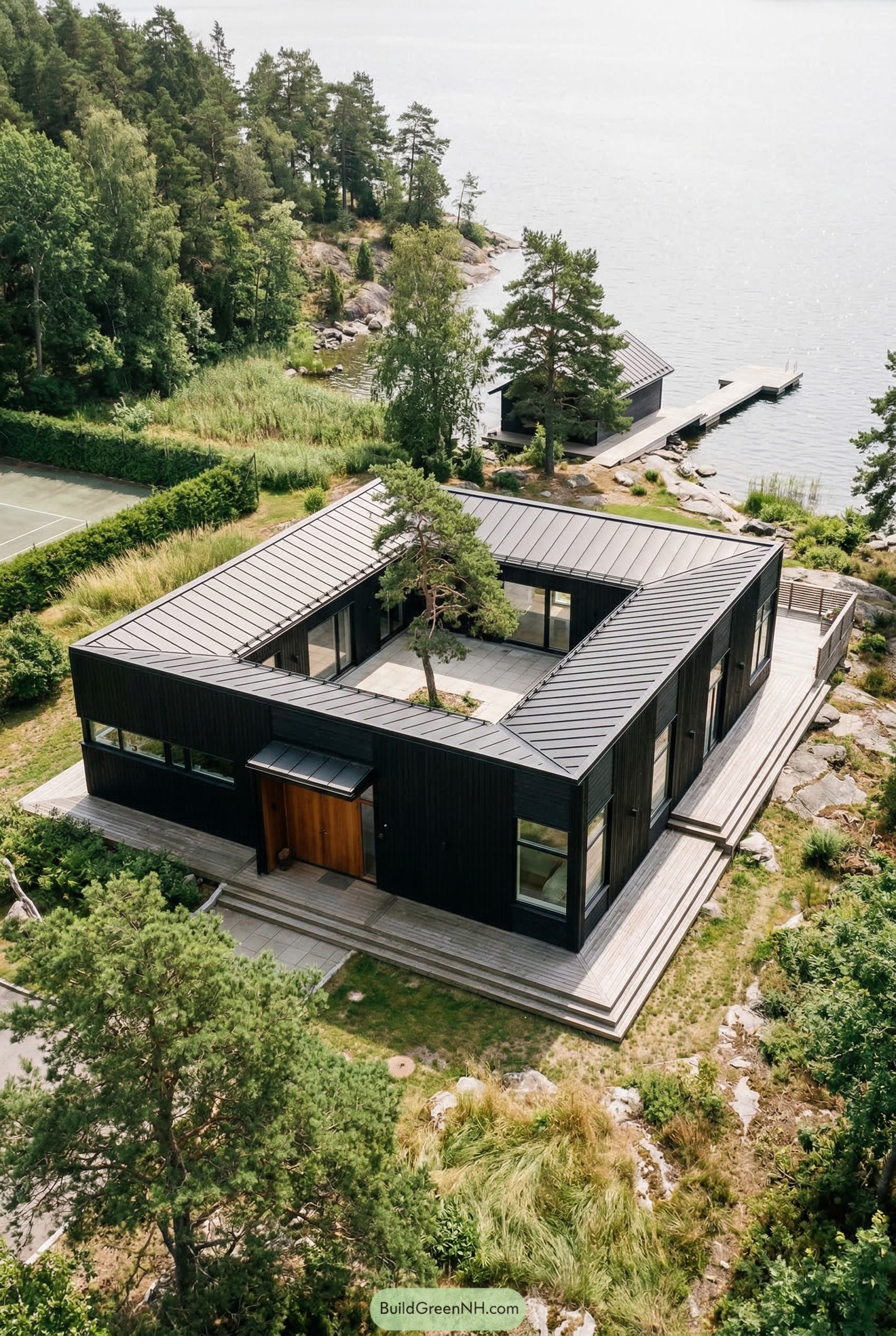 Modern black courtyard house on rocky waterfront