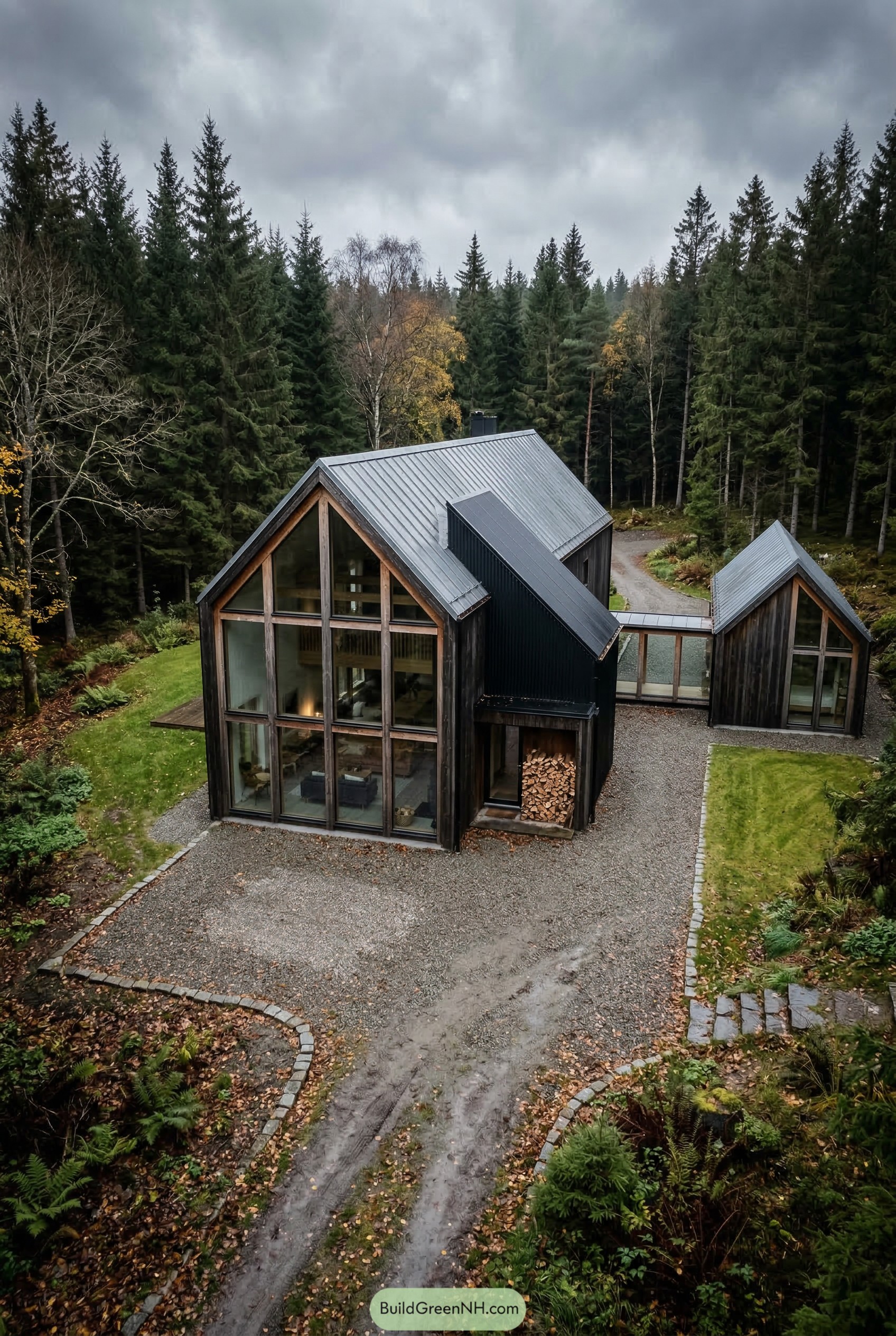 Black timber gabled home linked by glass in forest clearing