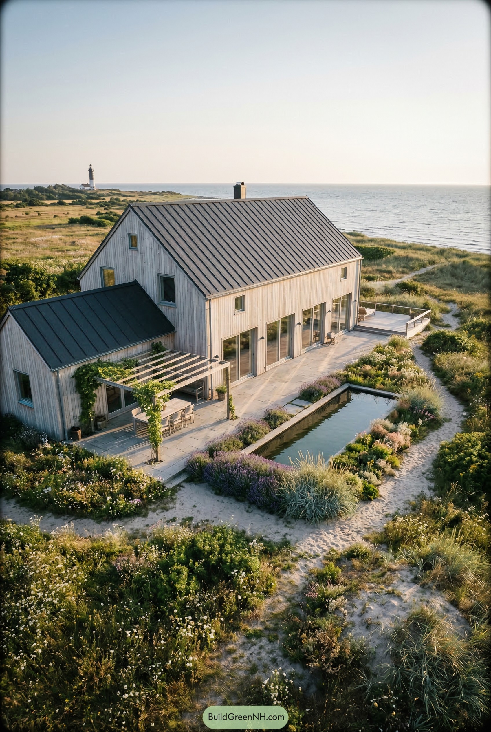 Timber coastal gable house with reflecting pool