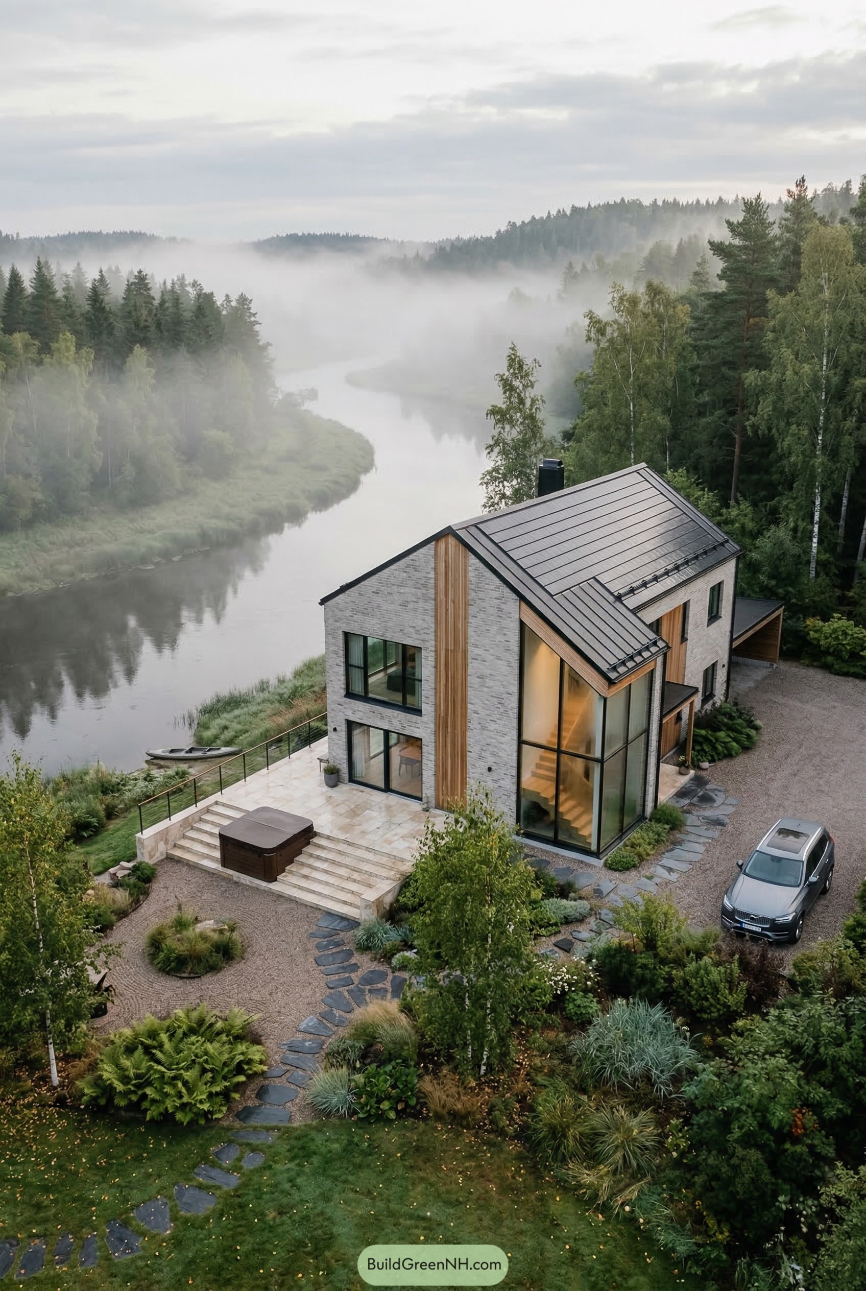 Modern brick riverside house above a misty river