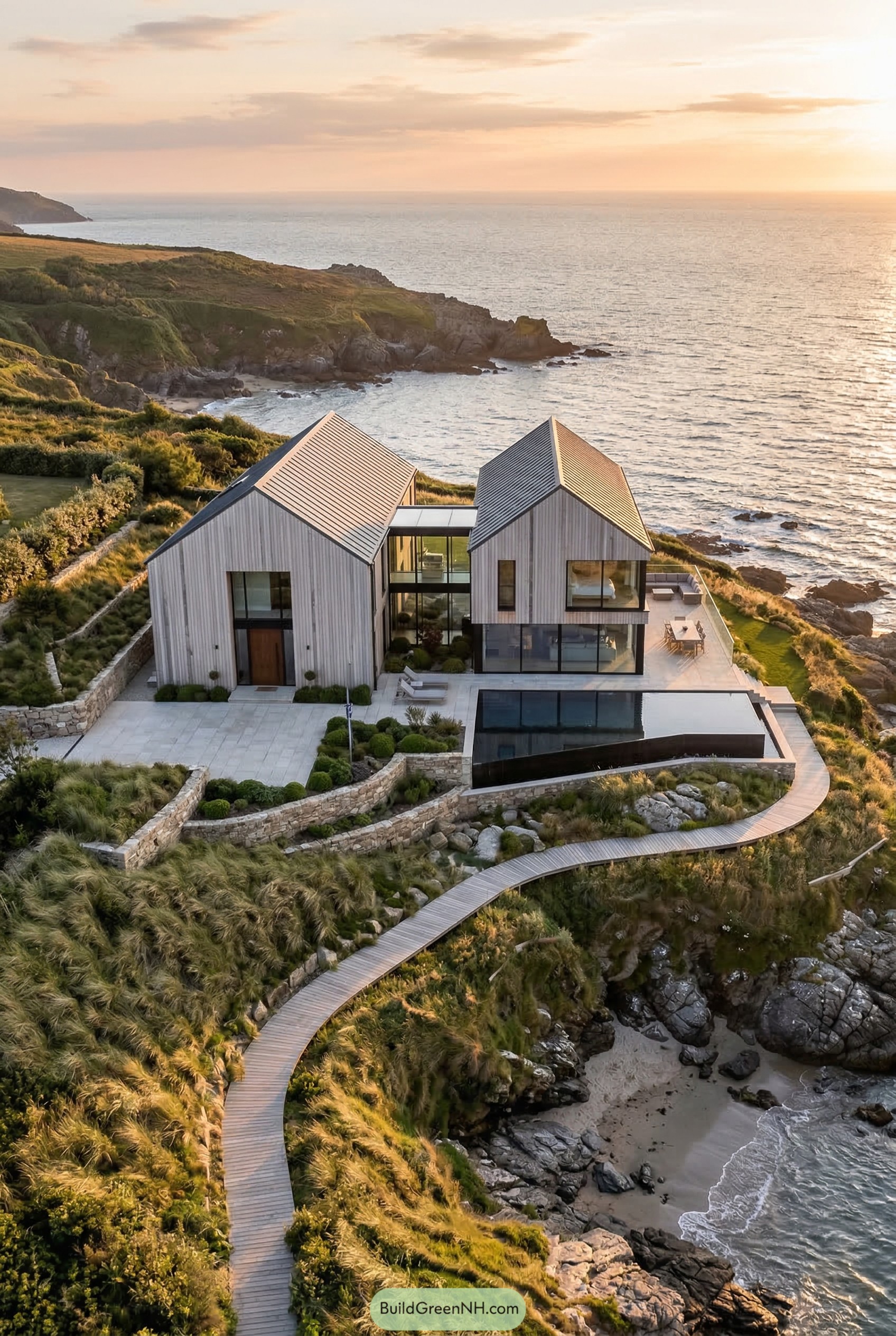 Modern twin gabled coastal house with pool