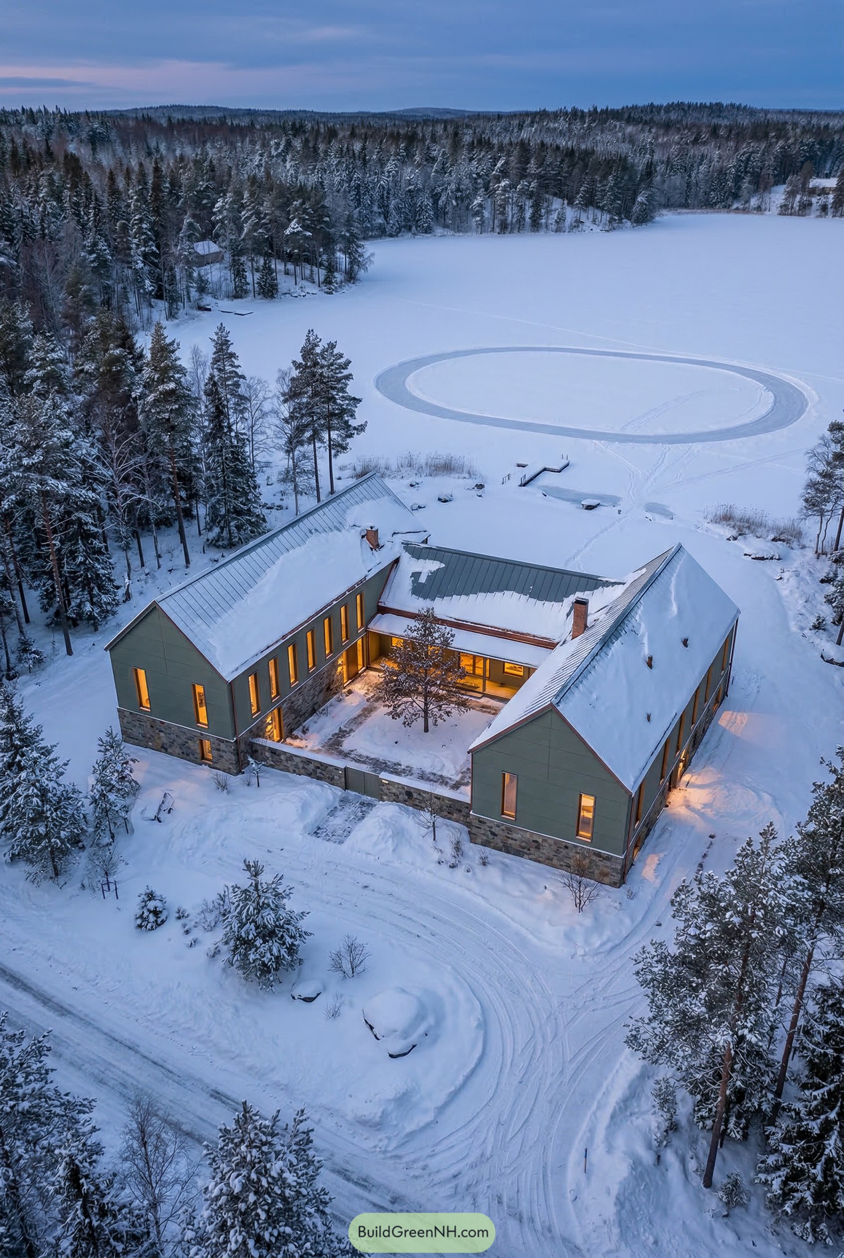 Snowy courtyard house beside a frozen lake