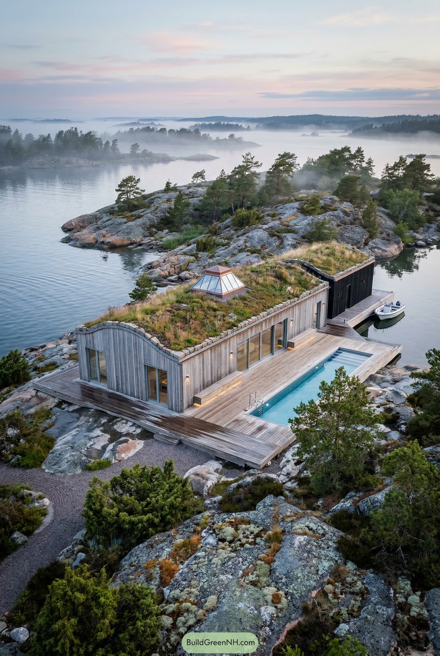Timber waterfront house with green roof and pool