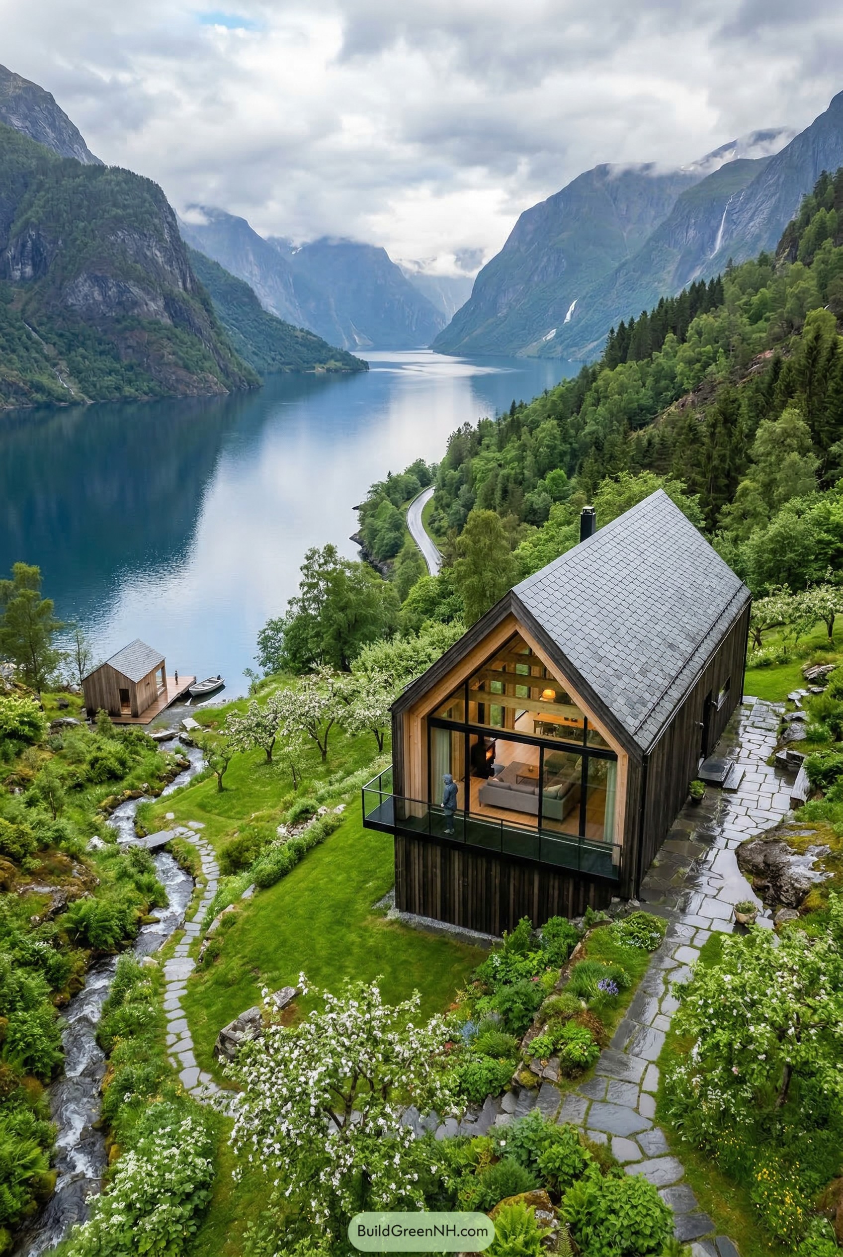 Modern black cabin above a fjord