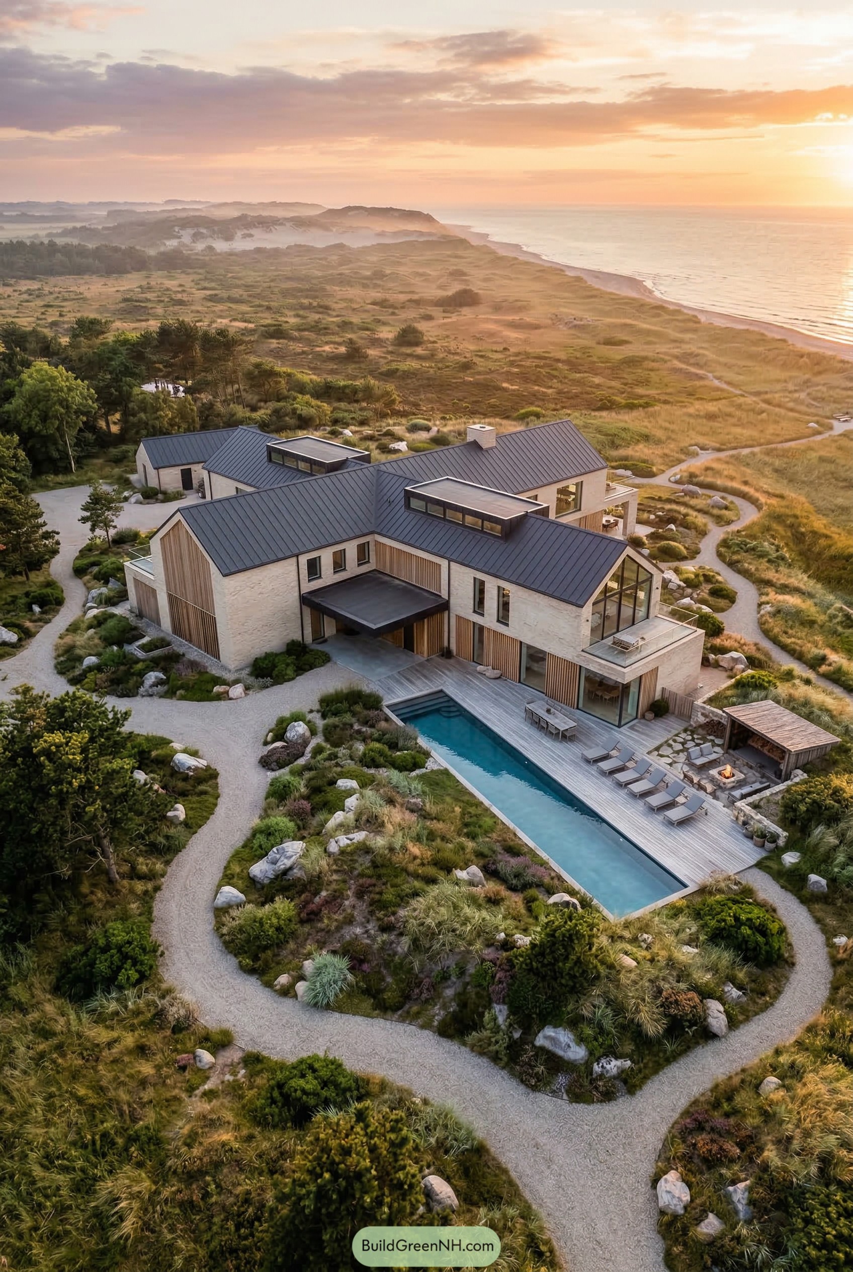 Coastal gabled home with pool by dunes
