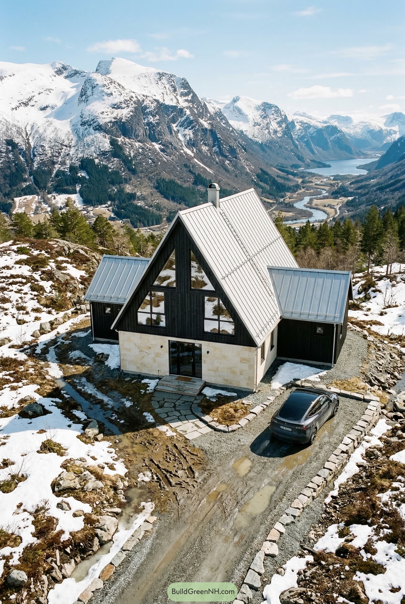 Black gabled house in snowy mountains
