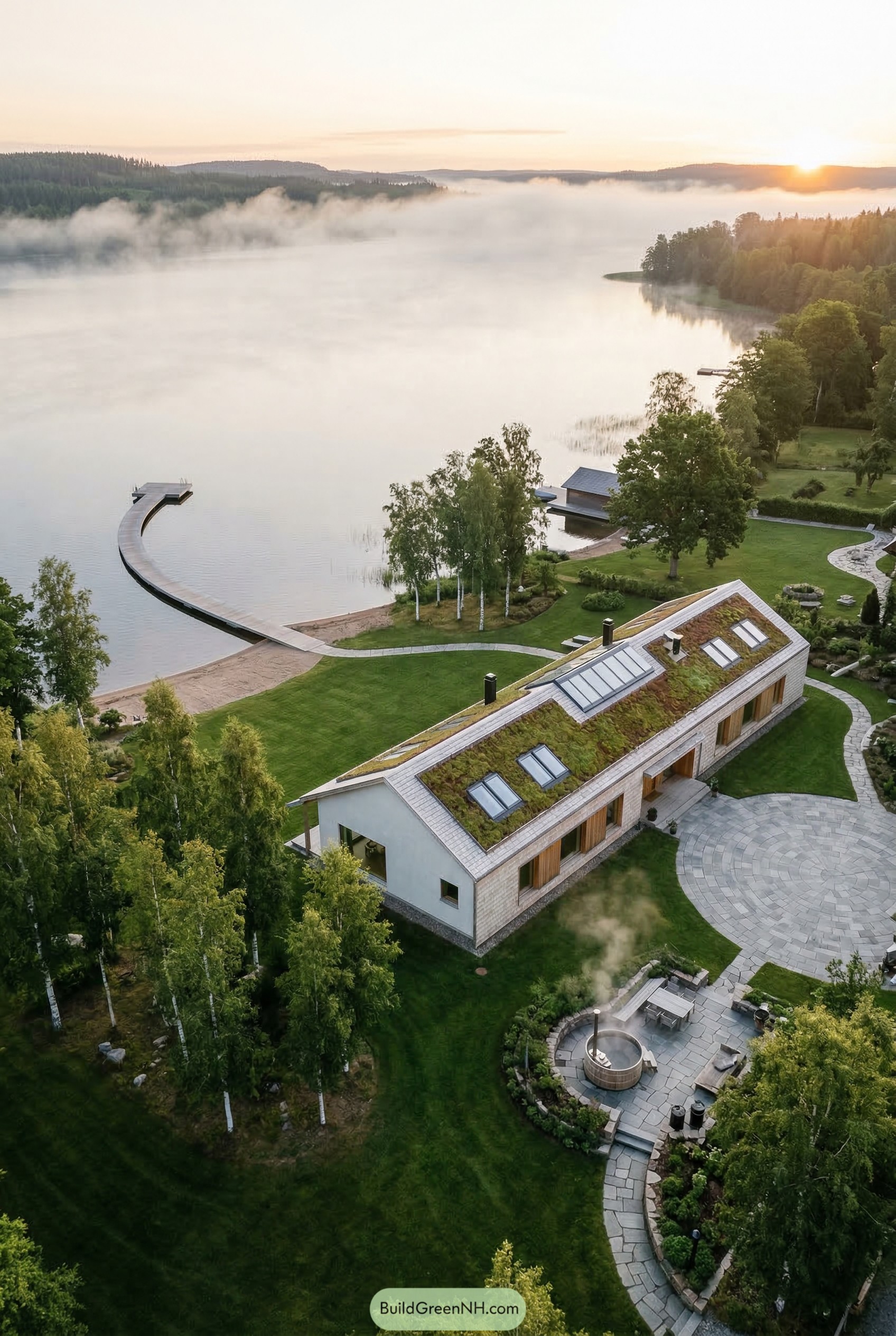 Long lakeside house with a green roof