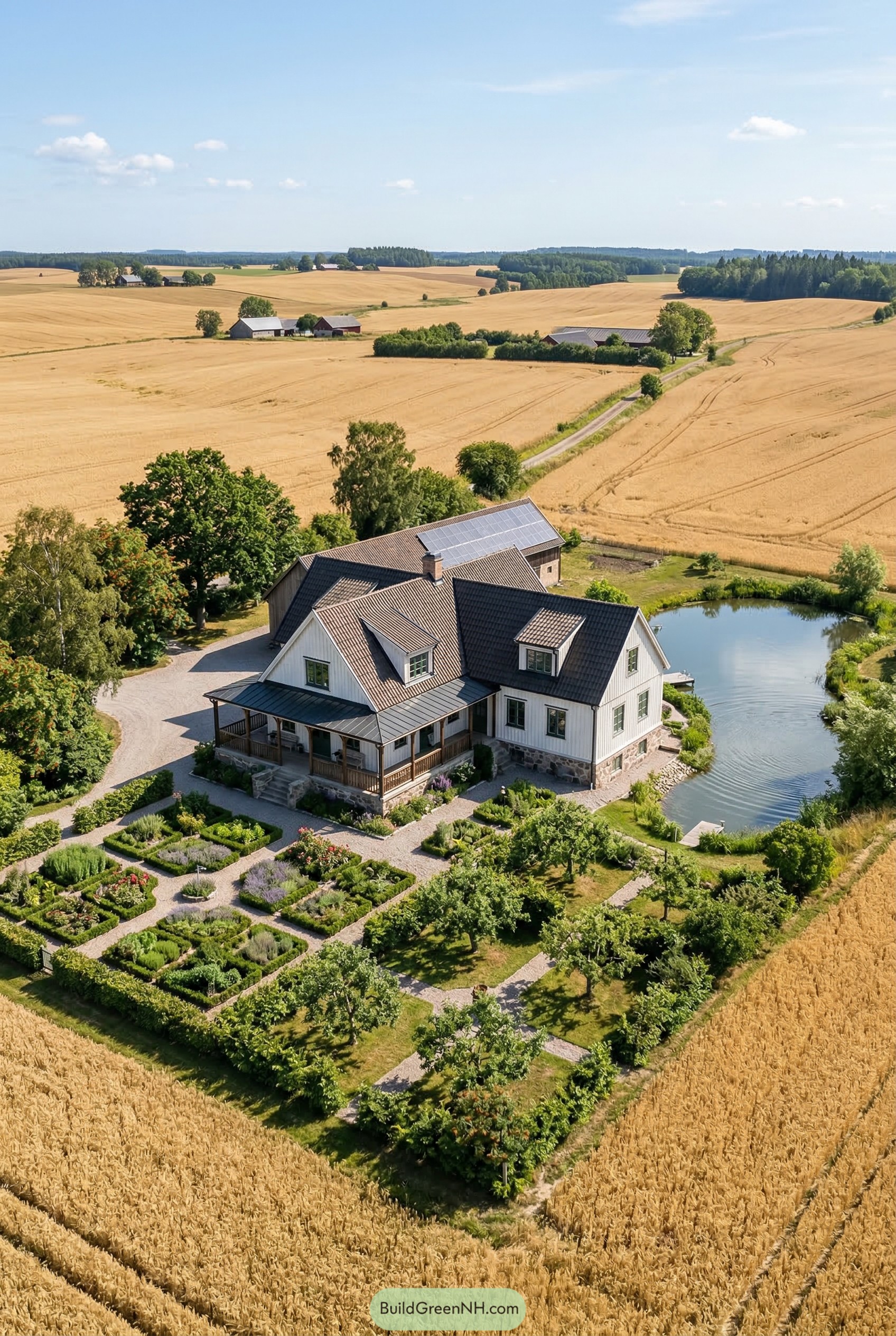 White farmhouse beside pond and formal garden