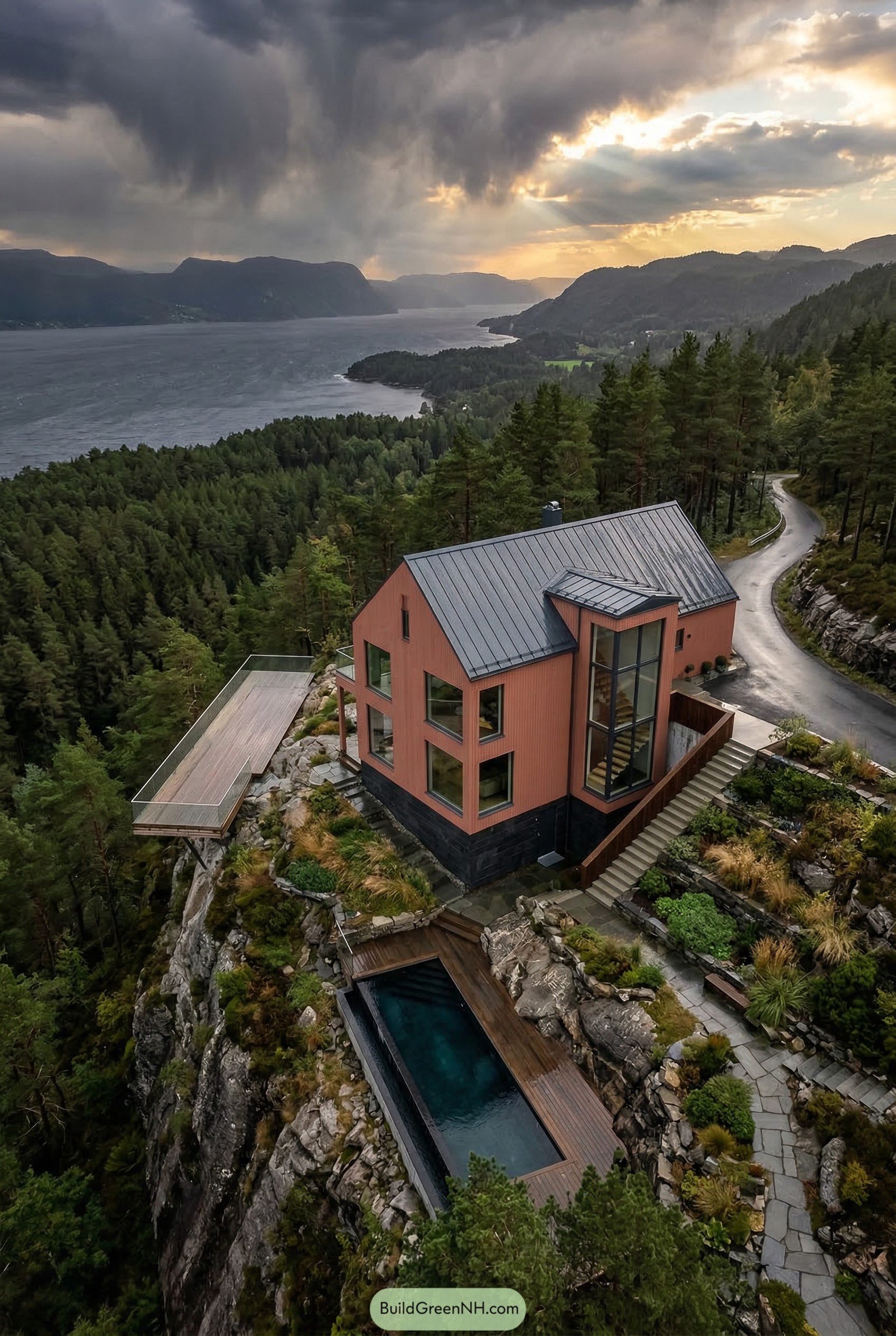 Cliffside gabled house above a fjord