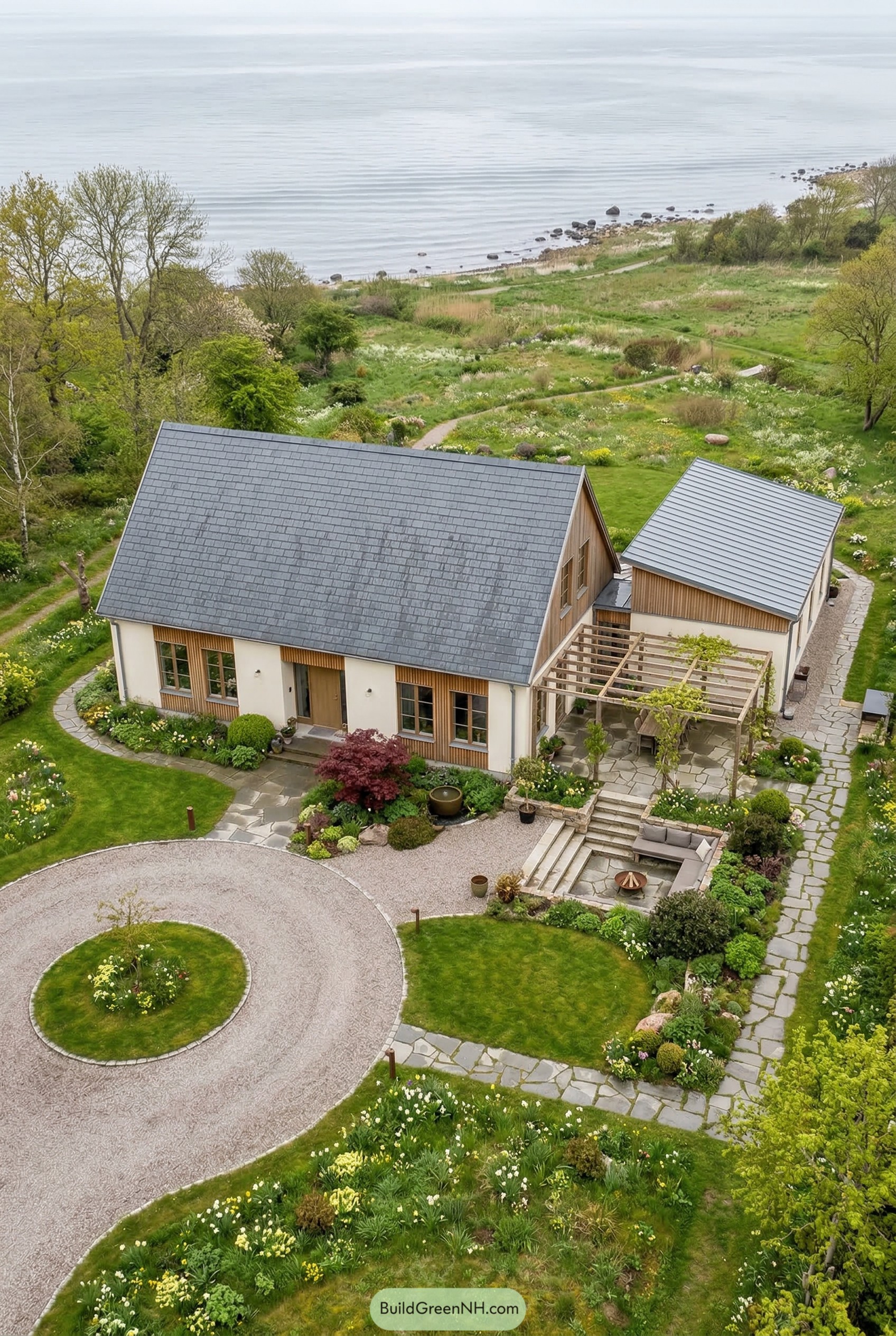 Gabled coastal house with circular drive