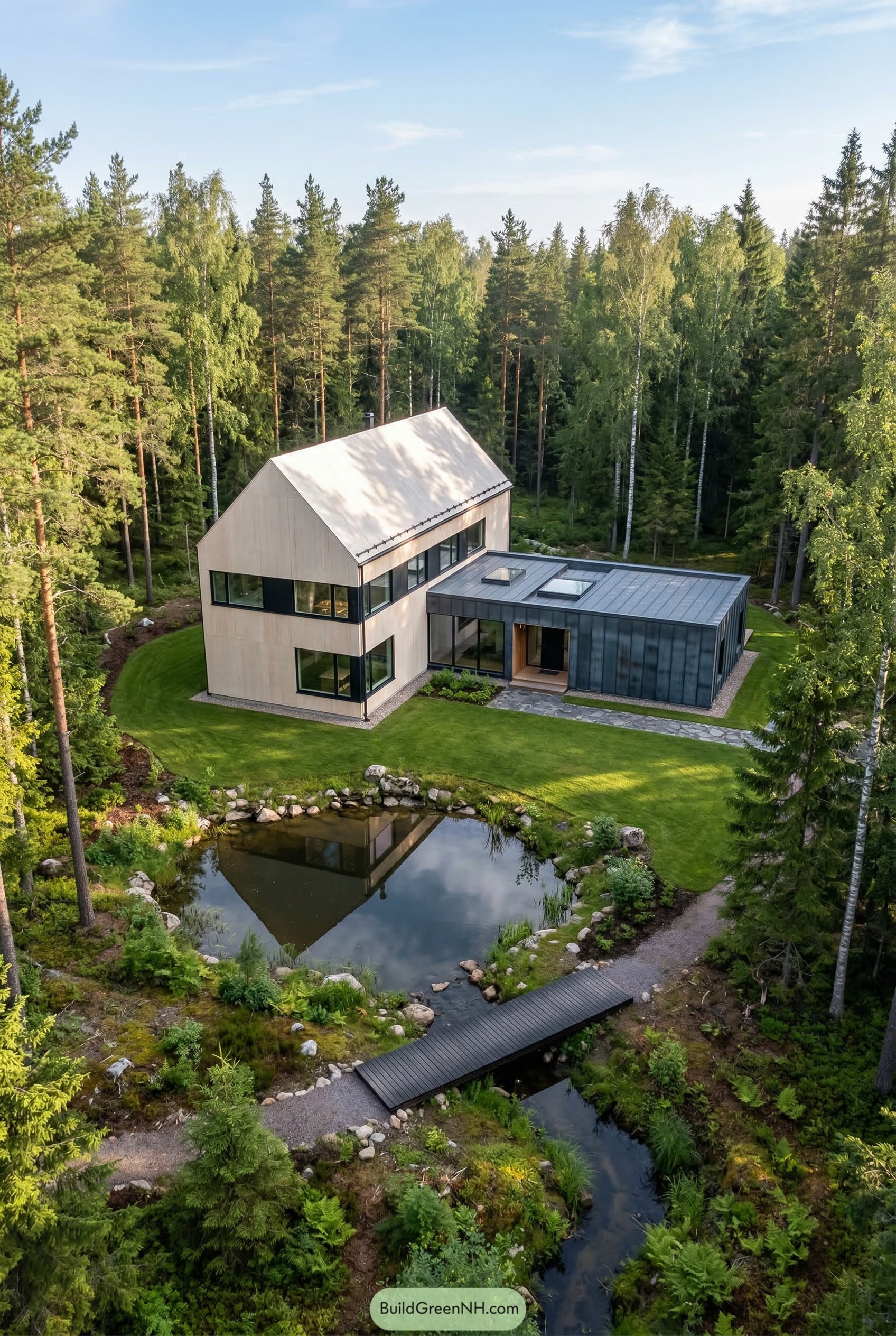 Modern Nordic house beside a forest pond