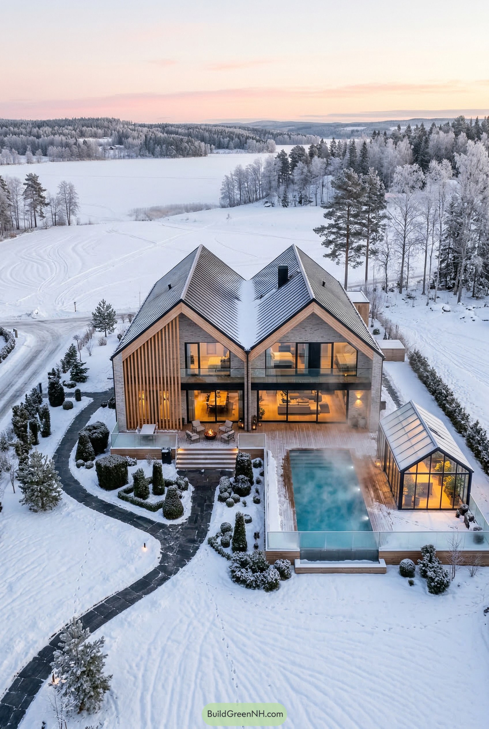 Modern gabled house with pool in snow