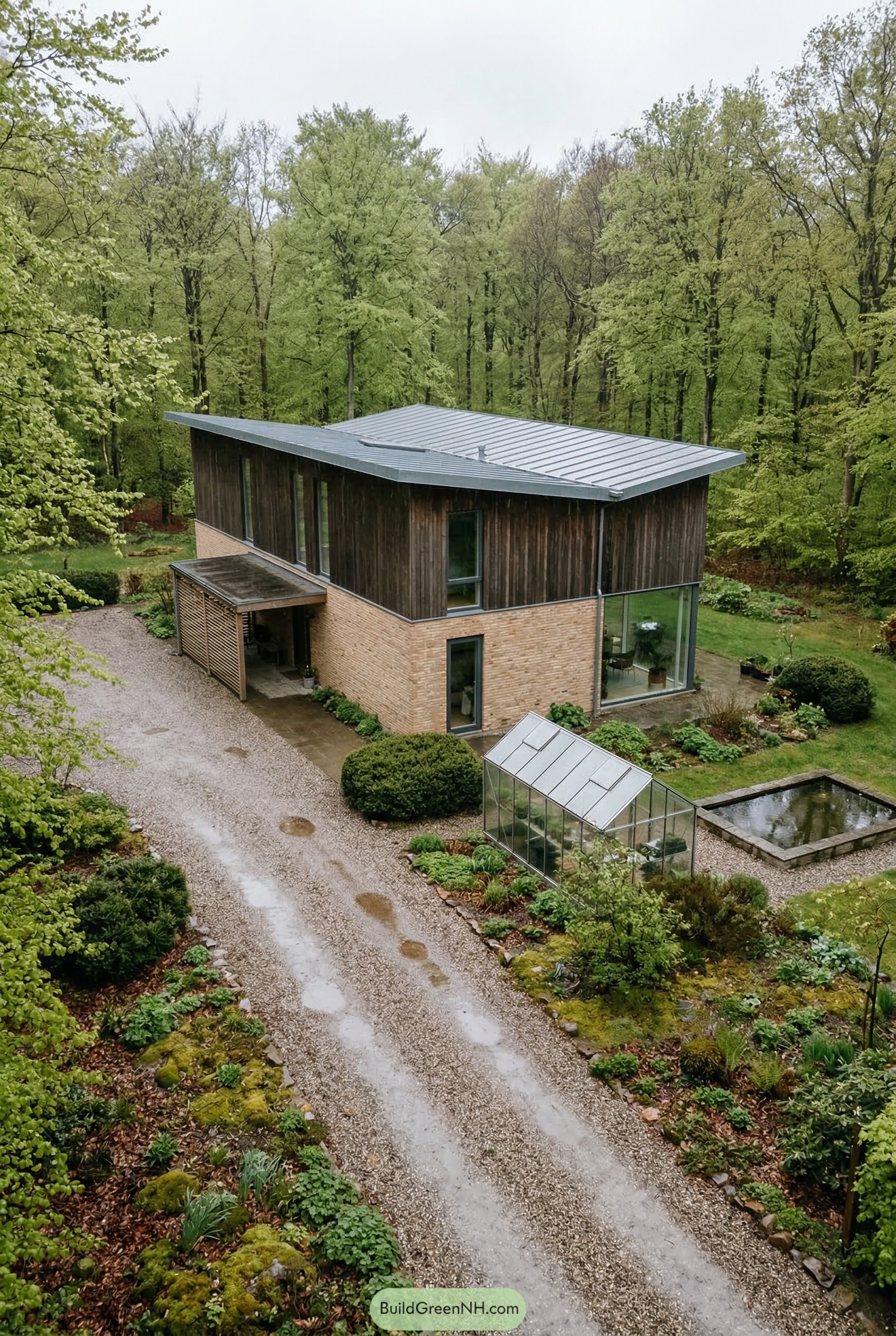 Modern timber and brick house in a forest garden