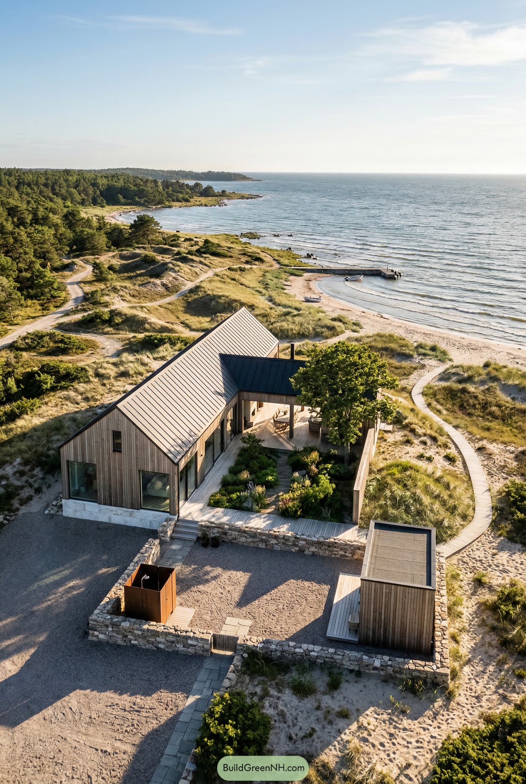 Timber beach house with sheltered courtyard by the sea
