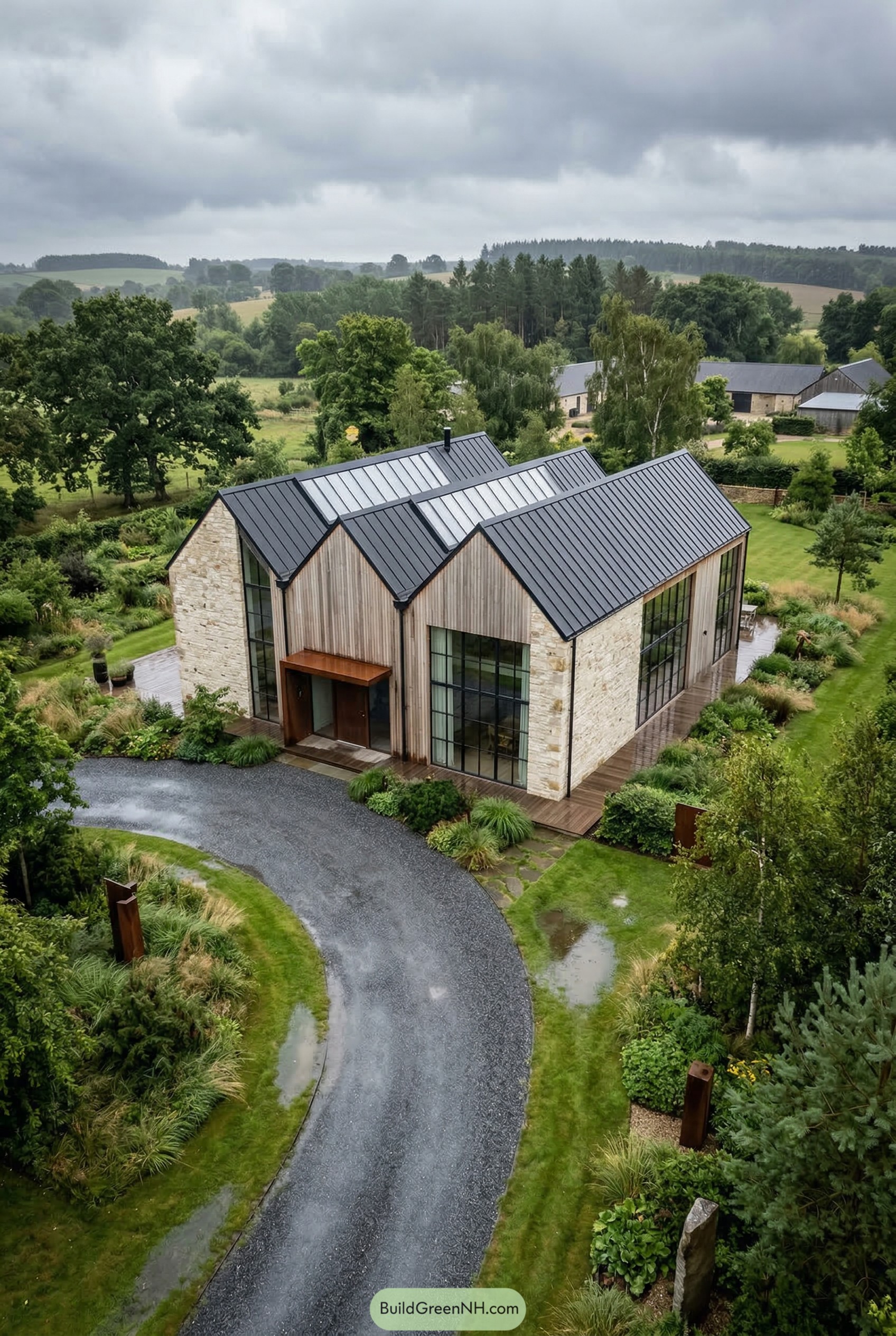 Triple gabled stone and timber house in countryside