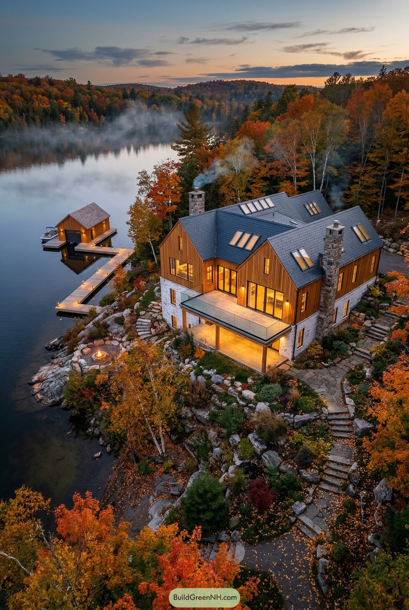 Lakeside gabled house with dock and boathouse